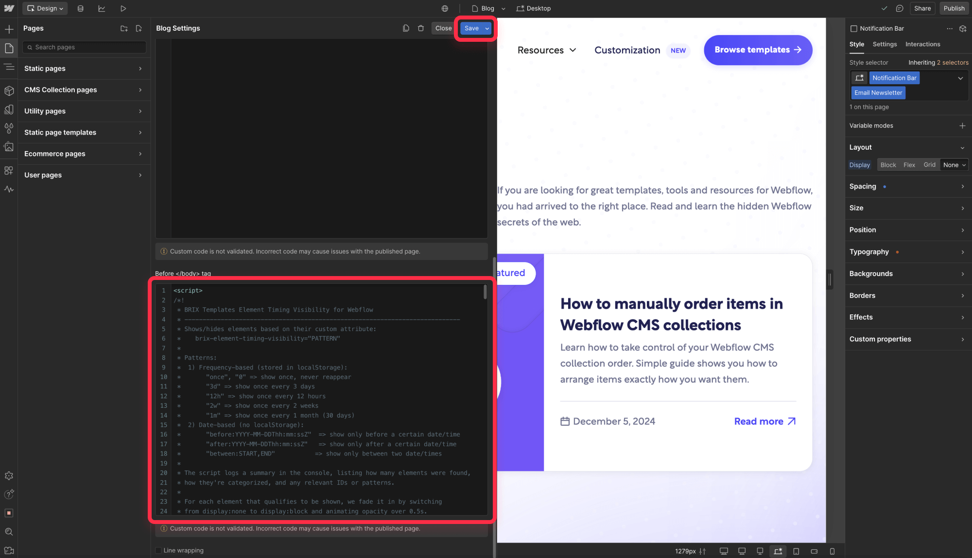 Setup visibility control element in Webflow page