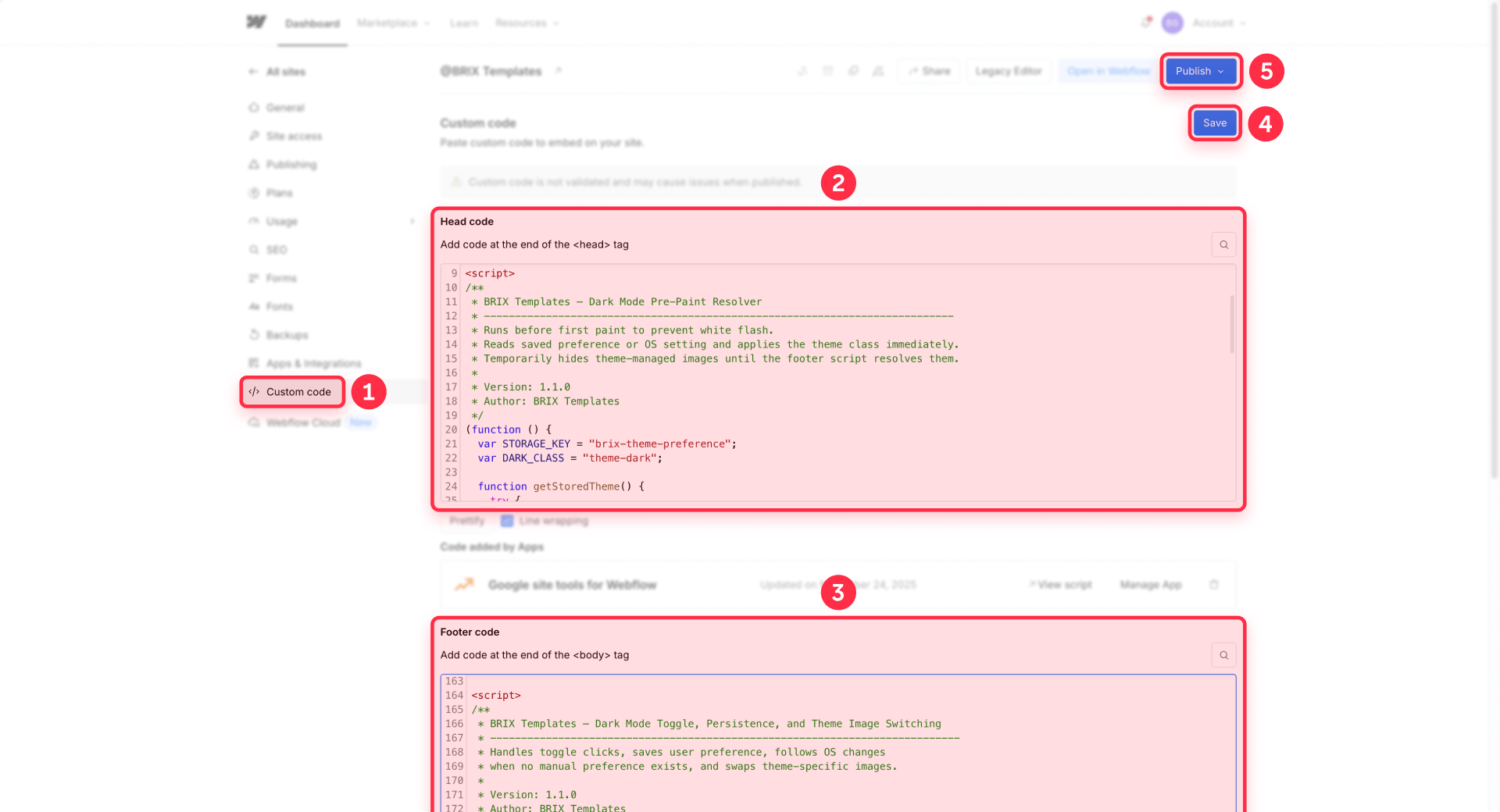 How To Paste The Dark Mode Scripts In The Webflow Head And Footer