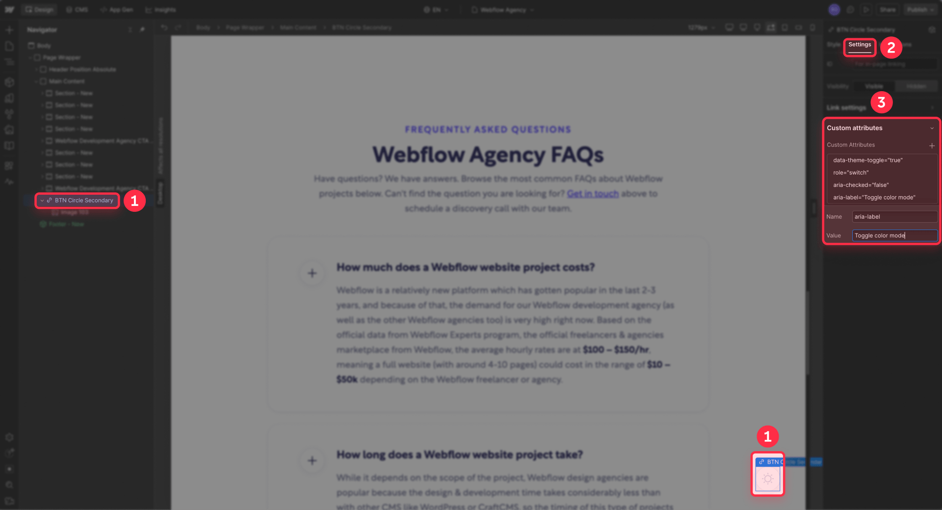 How To Set The Dark Mode Button In Webflow With Custom Attributes