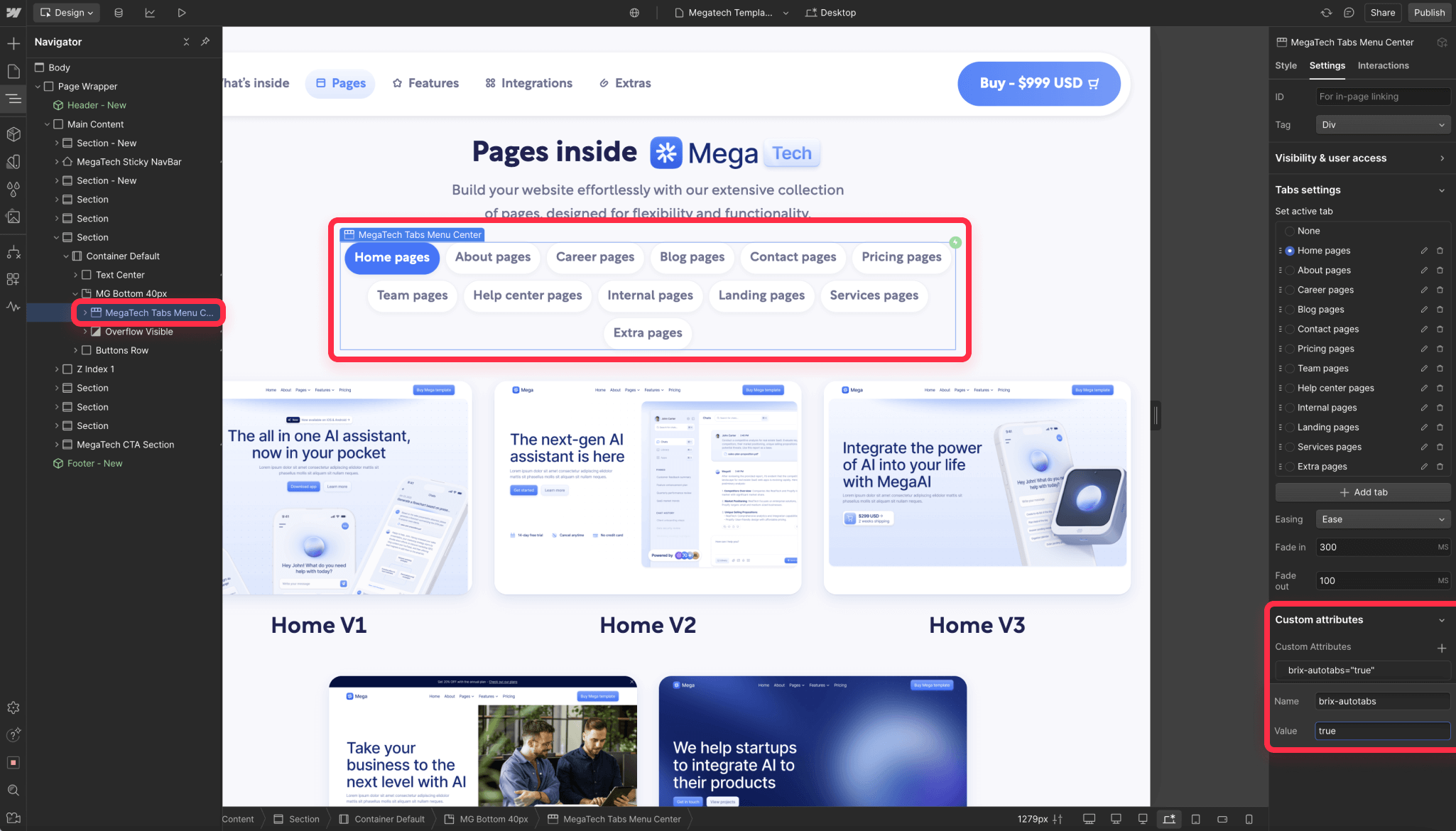 Add attribute to Webflow tab element to auto rotate it