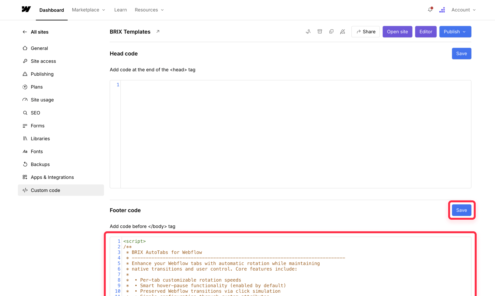 Add tab rotation script to Webflow site