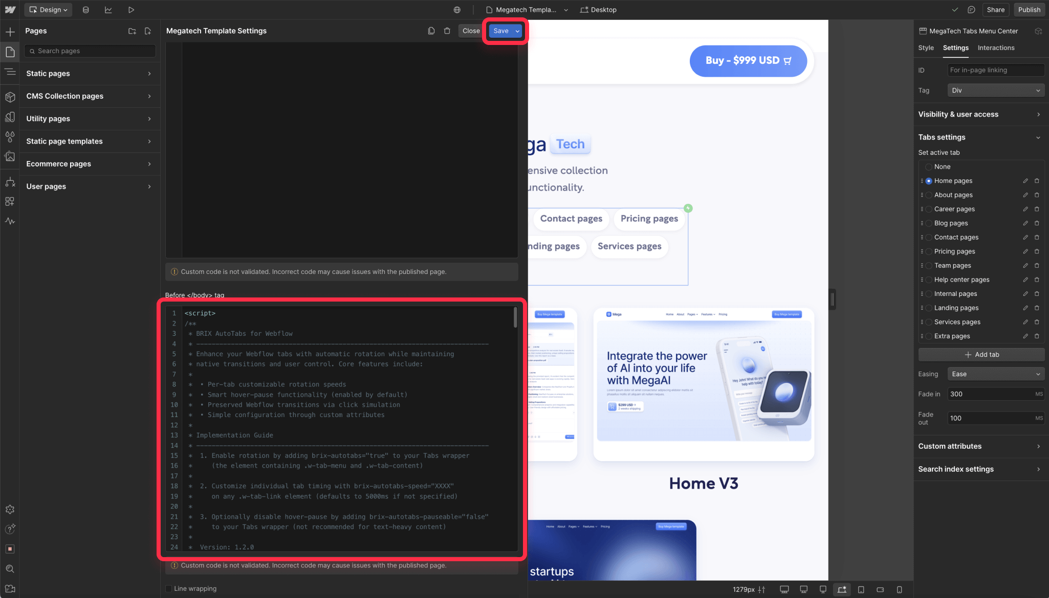 Setup auto tab rotation script on Webflow page