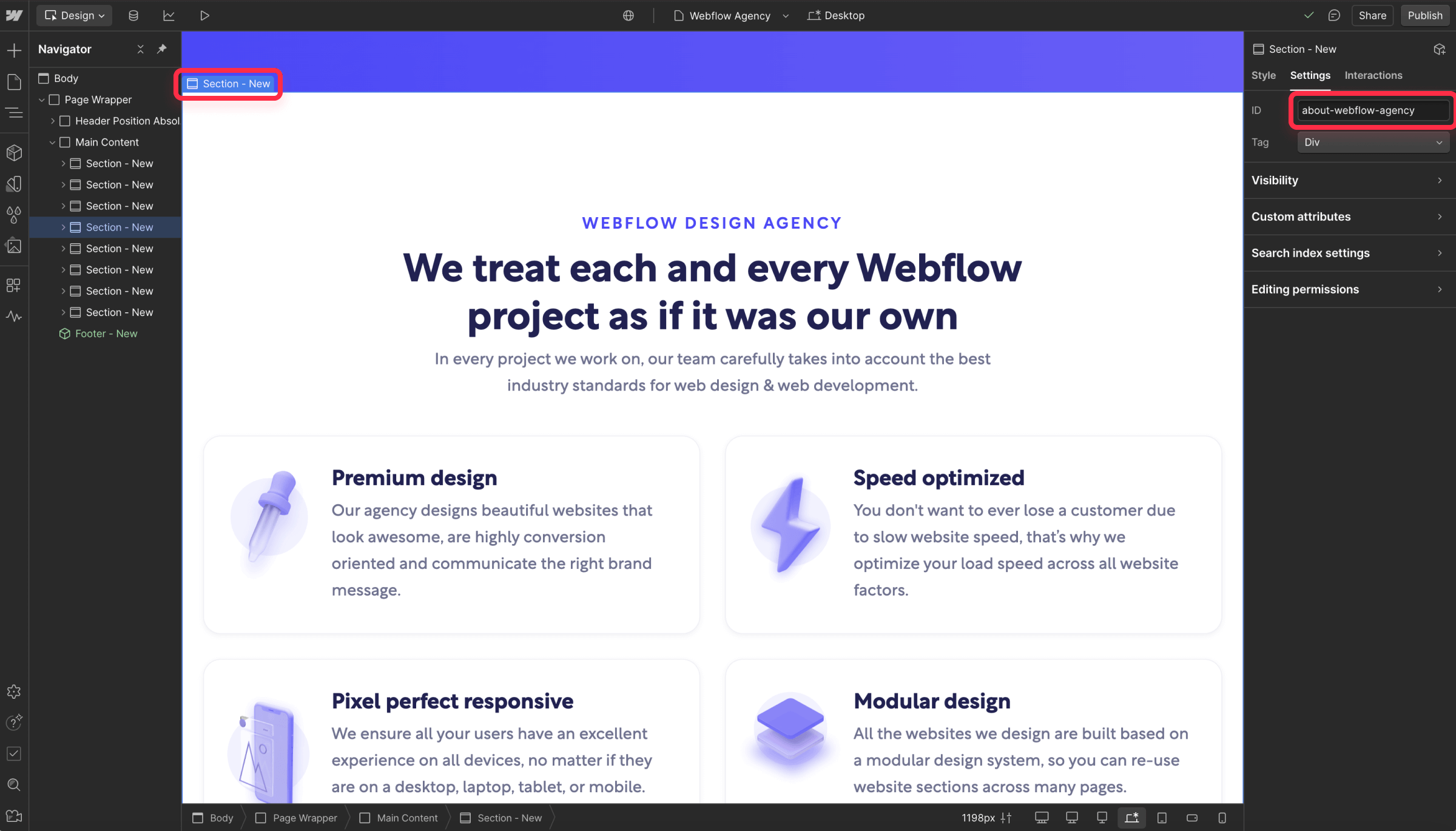 Add anchor link to sections on Webflow pages