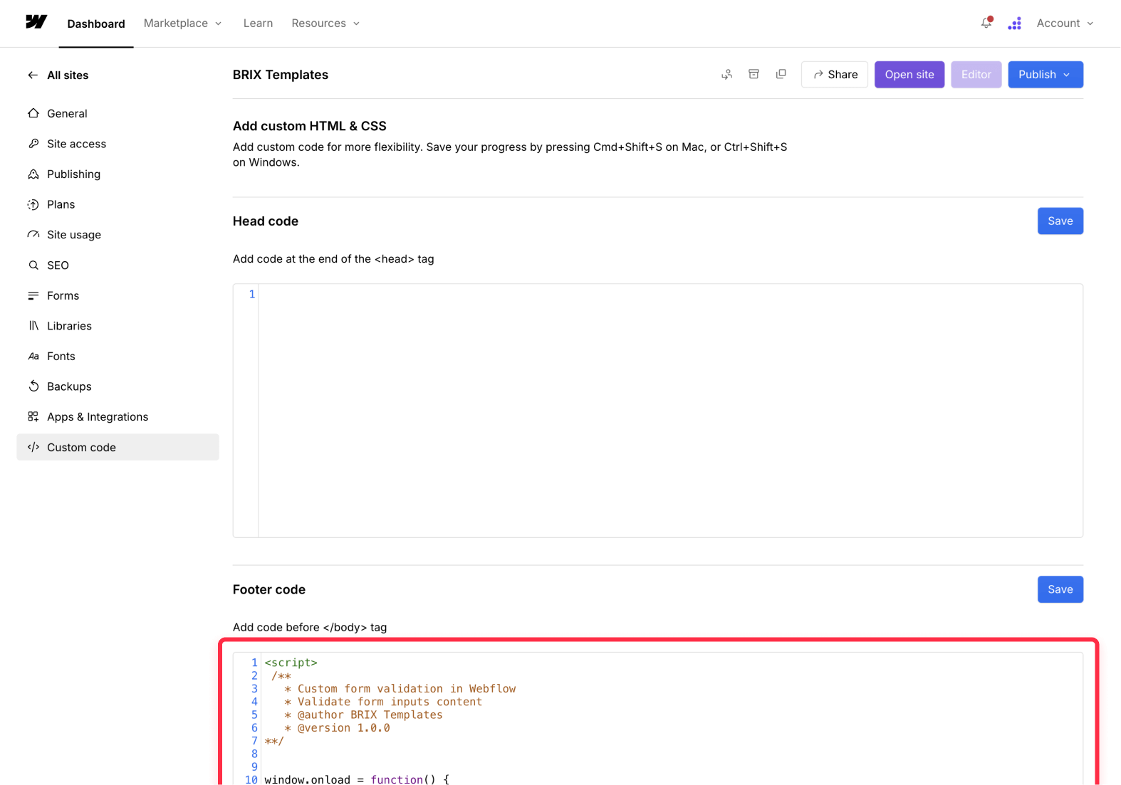 Add custom code to add form validation functionality on Webflow