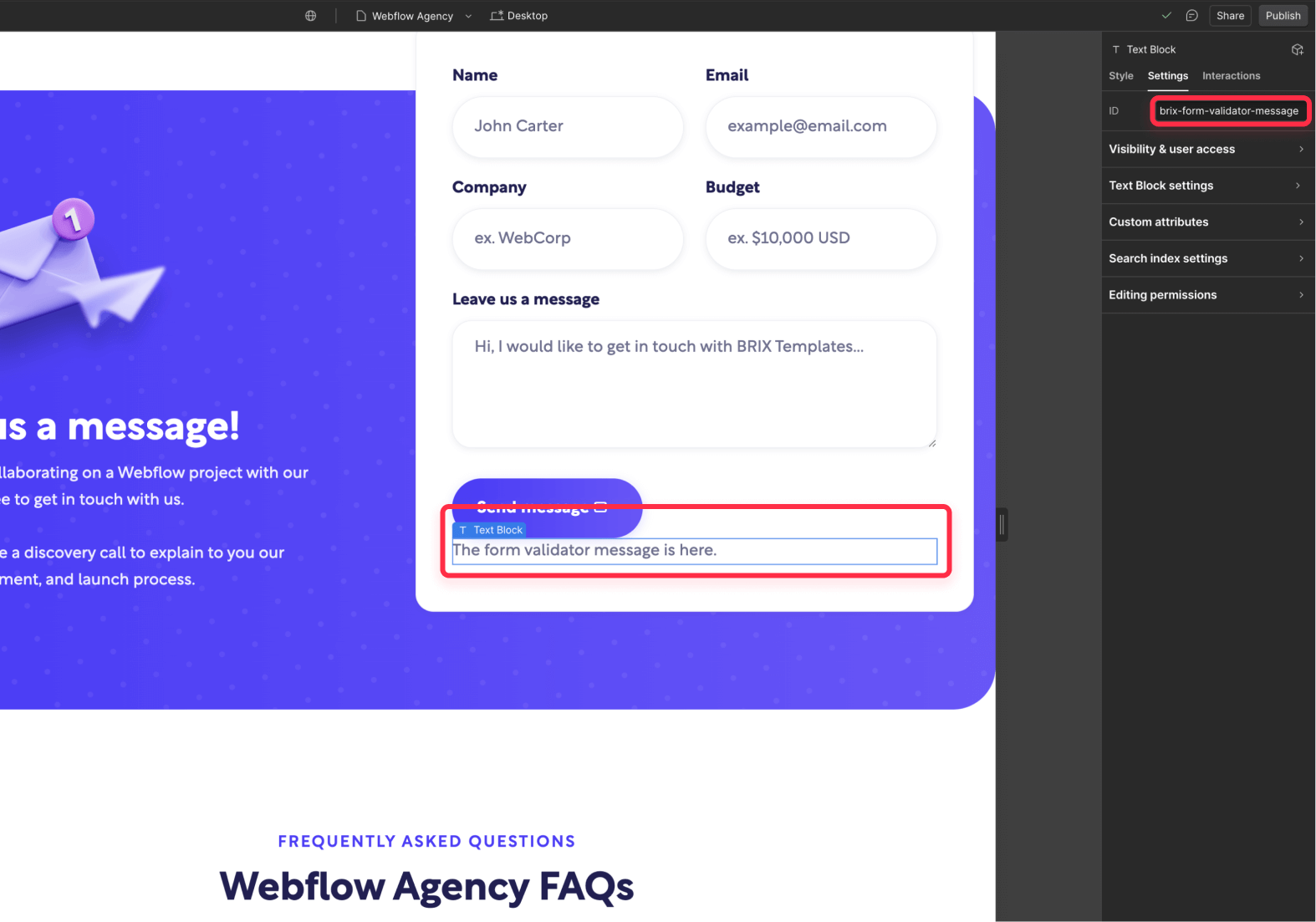 Add form validation message on Webflow form