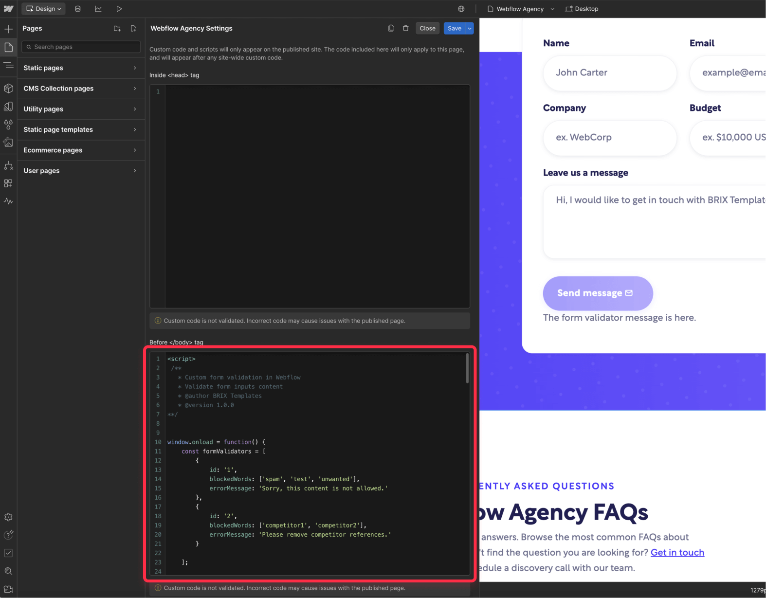 Add page custom code to add form validation functionality on Webflow