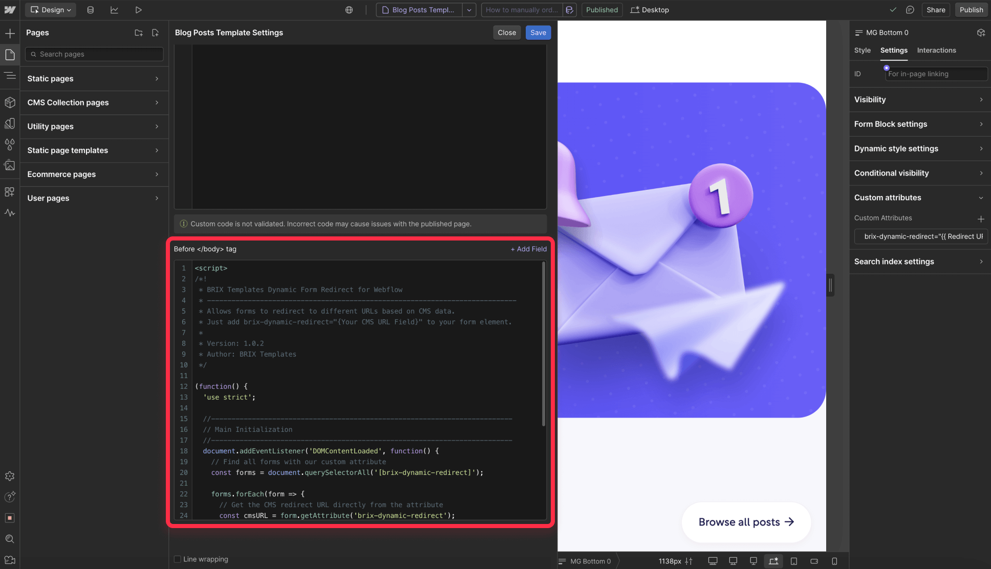 Add custom script for Webflow CMS form routing redirection