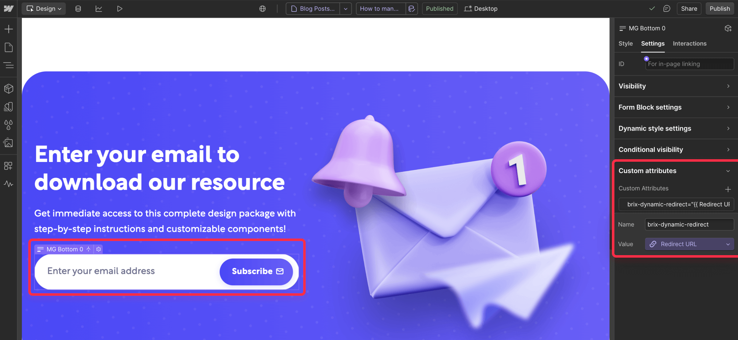Configure attribute for Webflow form CMS based redirection