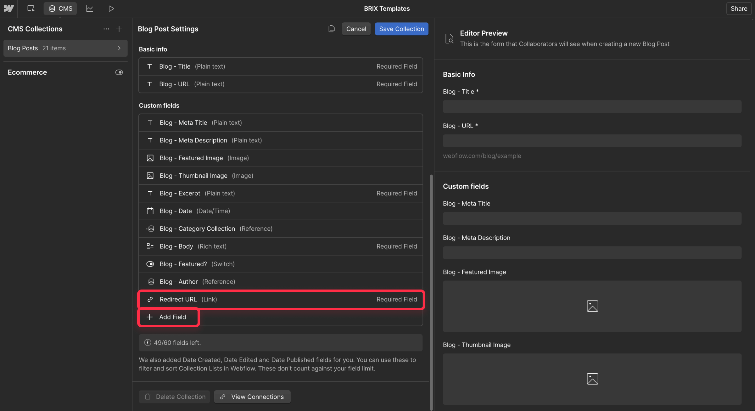 Create CMS field for Webflow form redirection