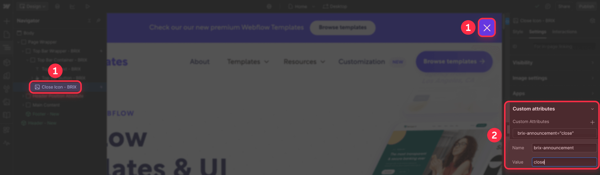 How to set up the announcement close button in Webflow