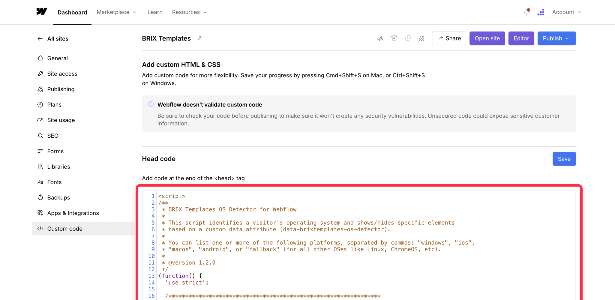 Add operative system detector script on Webflow