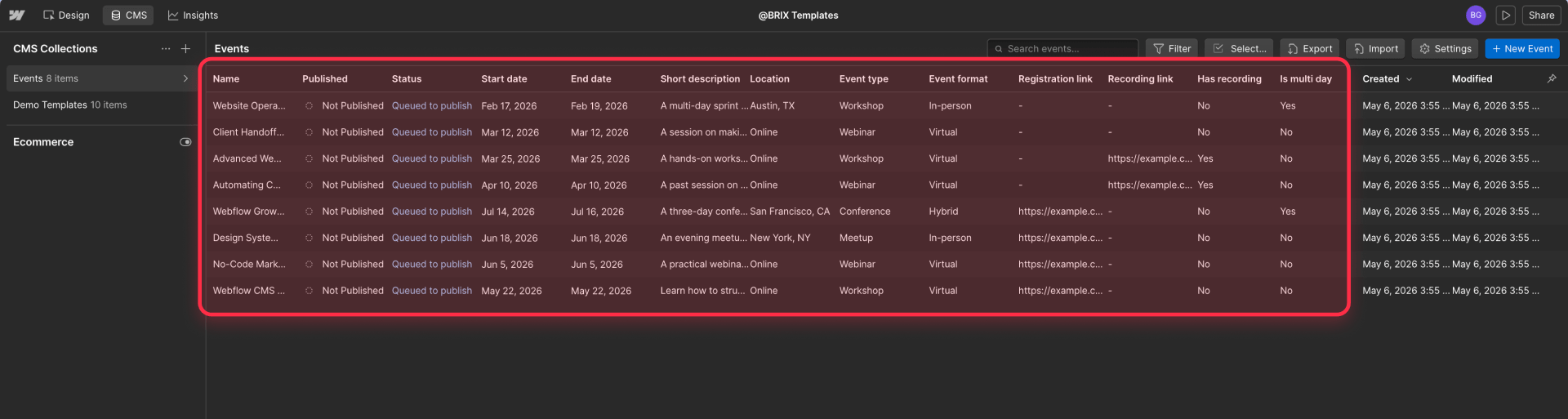 How To Configure The Events Collection In Webflow CMS