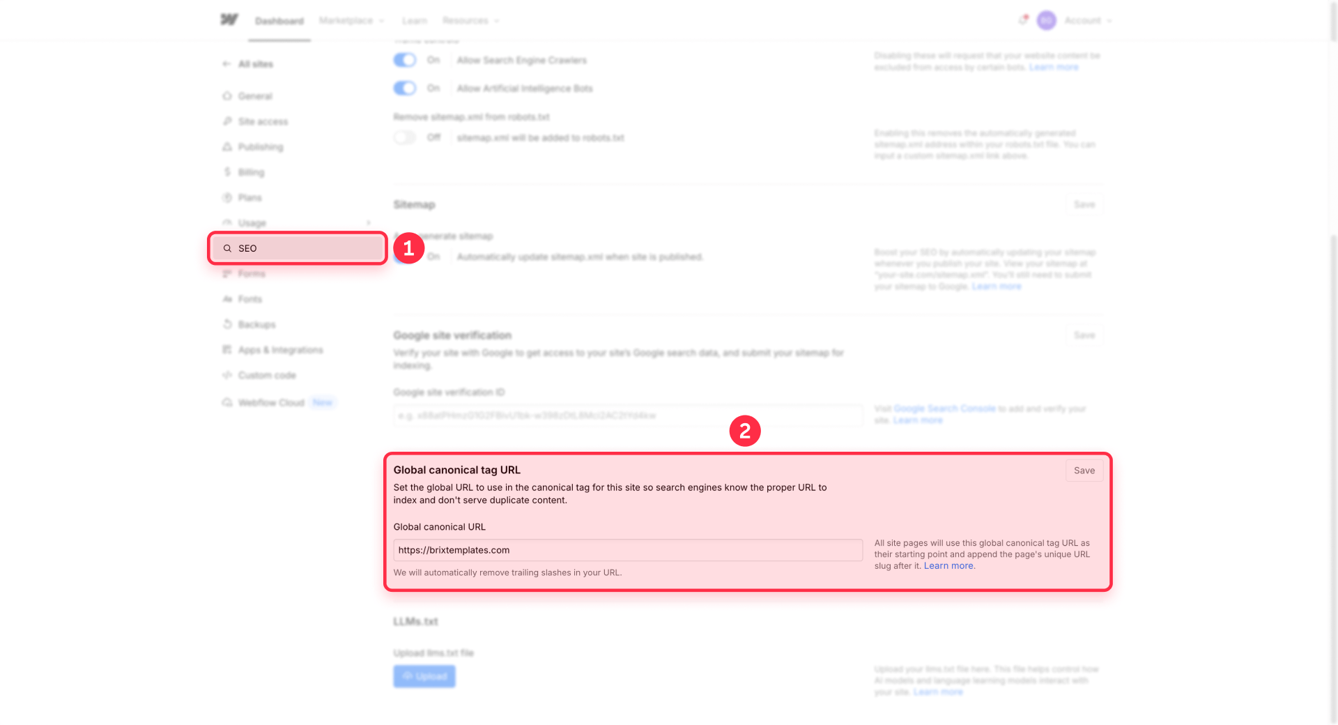 How To Configure The Global Canonical Tag In Webflow Site Settings