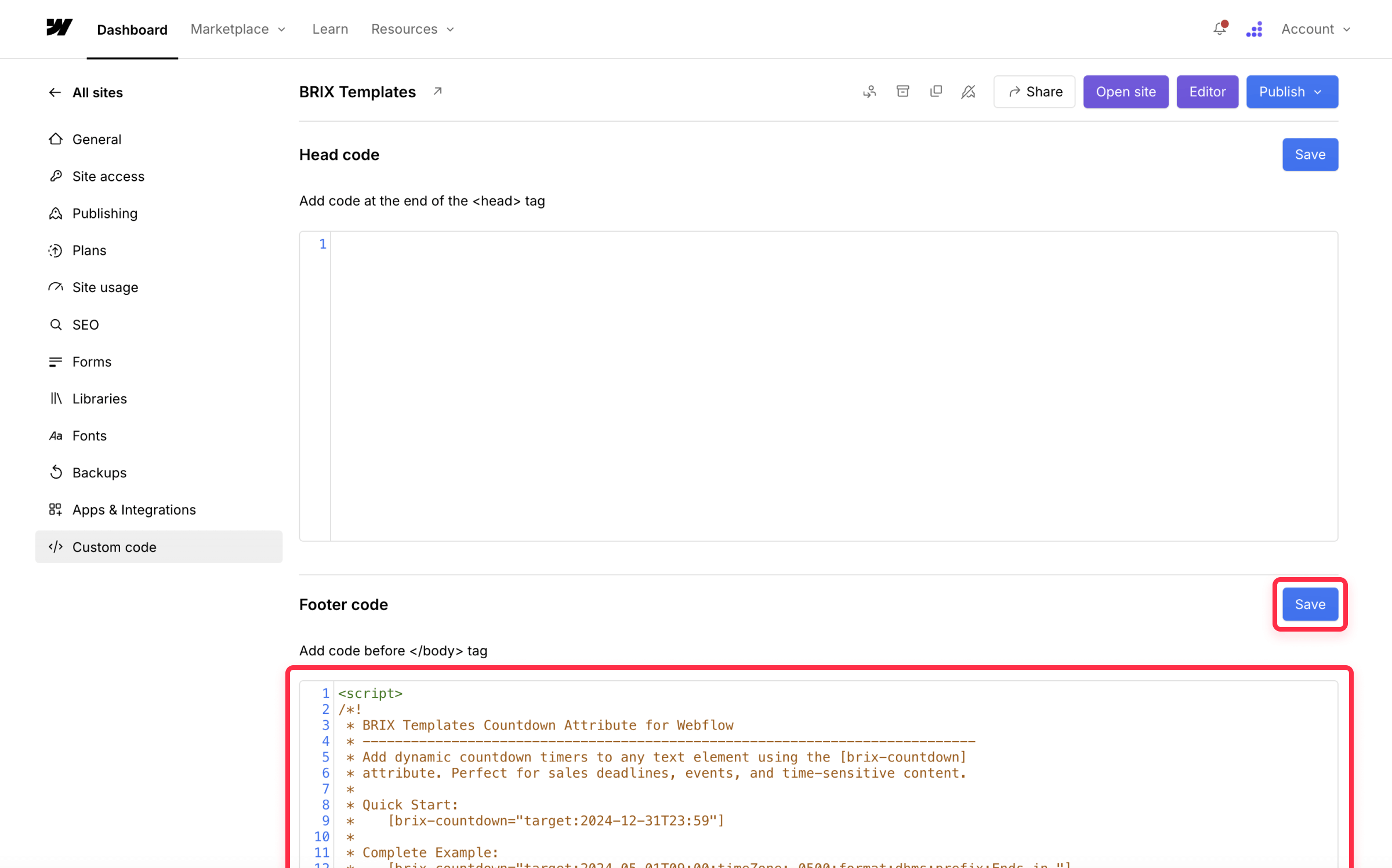 Add custom code to add countdown timer to Webflow website