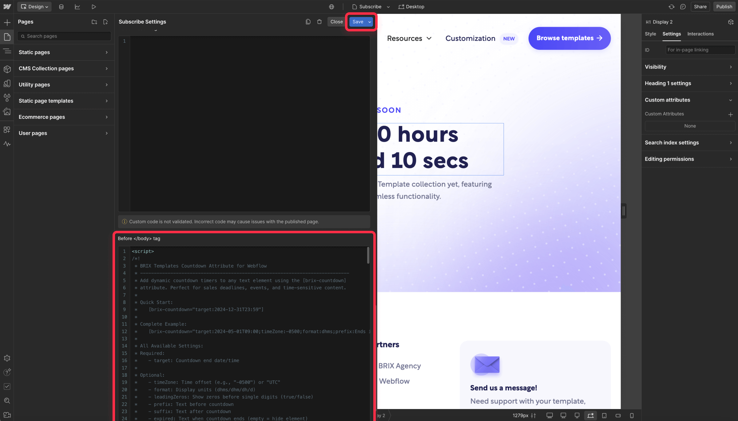 Add dynamic countdown script to Webflow
