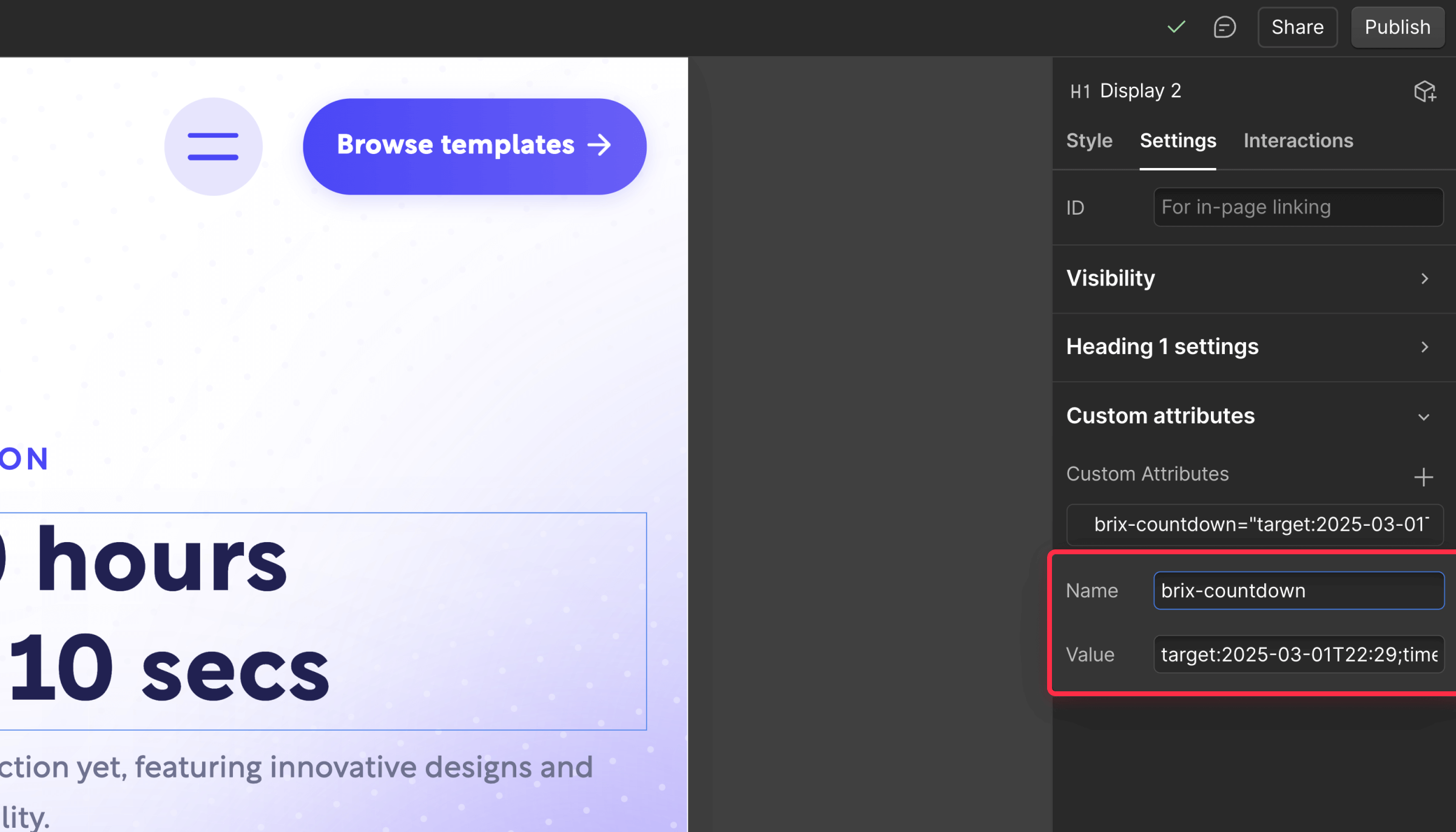 Add Webflow attribute to activate countdown timer on Webflow designer