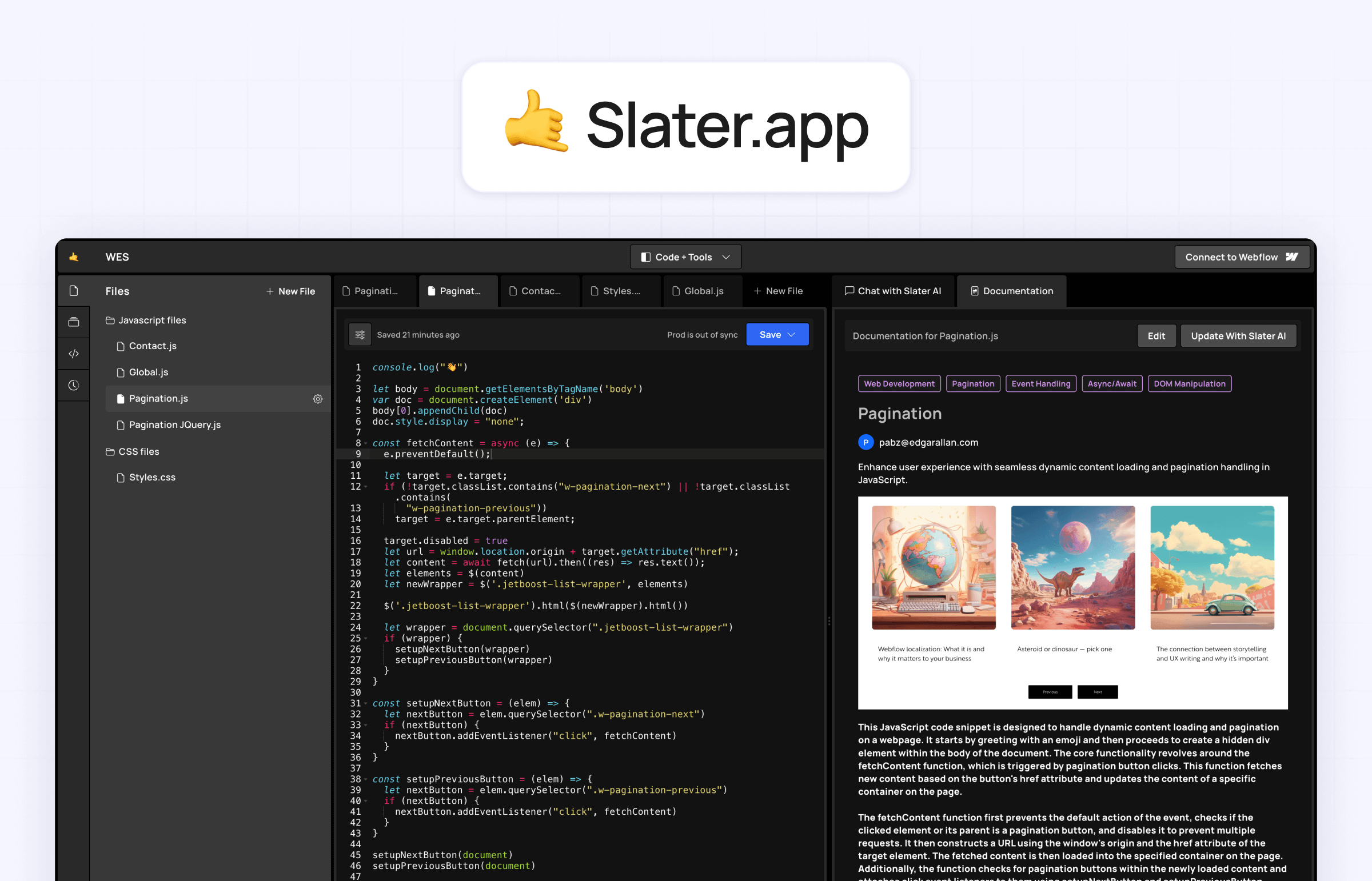 Slater app interface for Webflow custom code