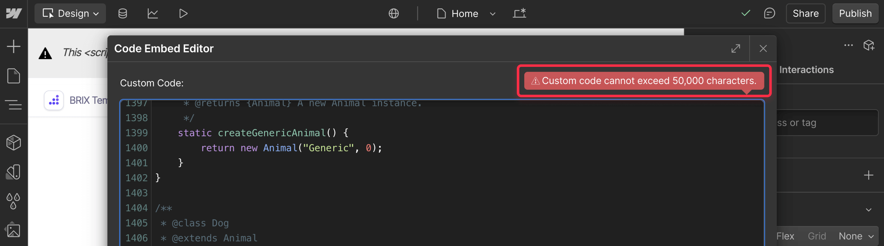 Webflow custom code character limit error notification