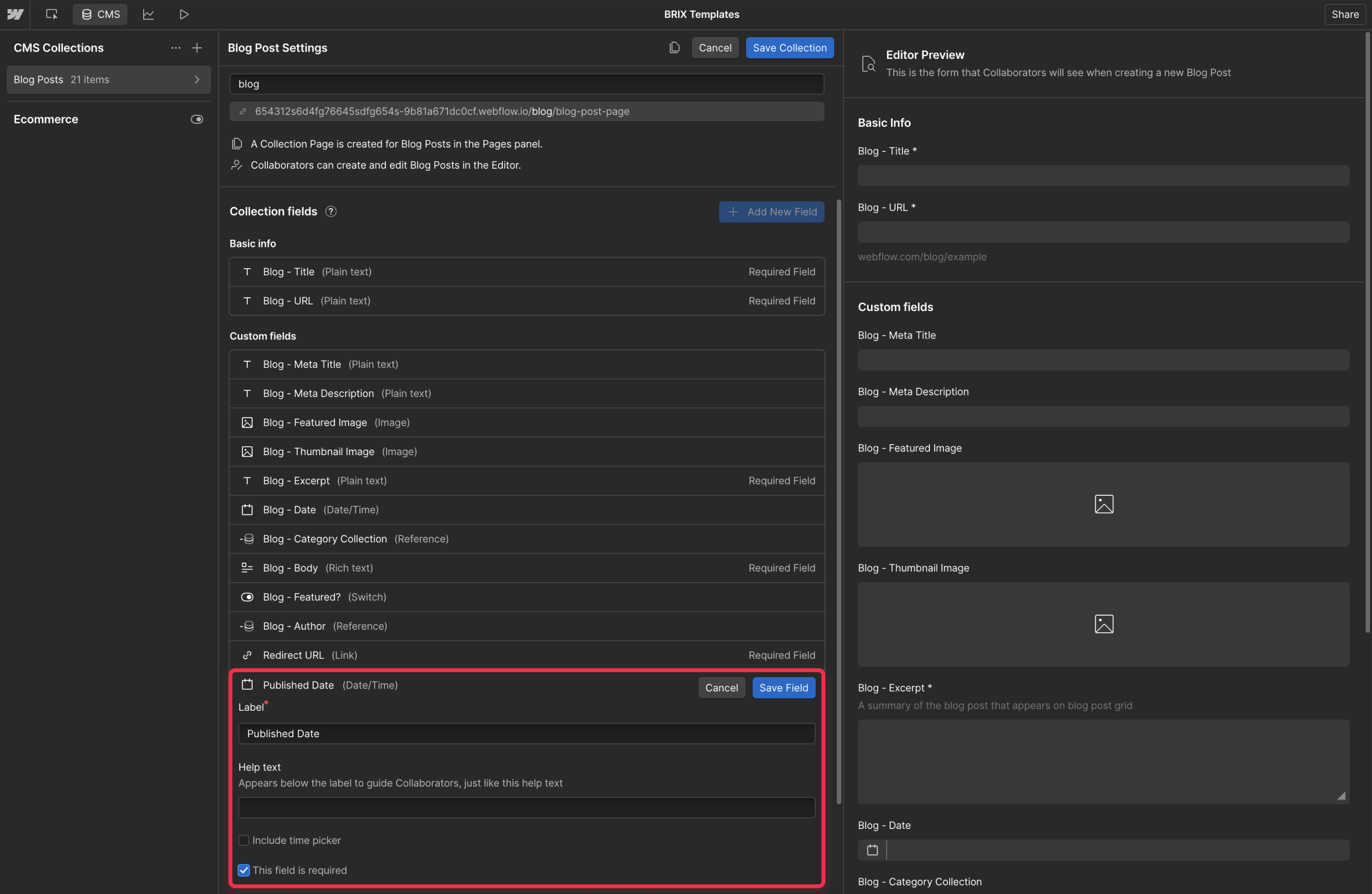 Create custom date field inside Webflow CMS