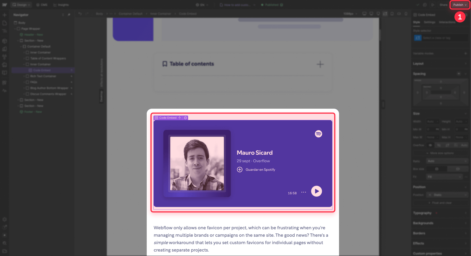 How The Spotify Dynamic Embed Looks On The Webflow Page