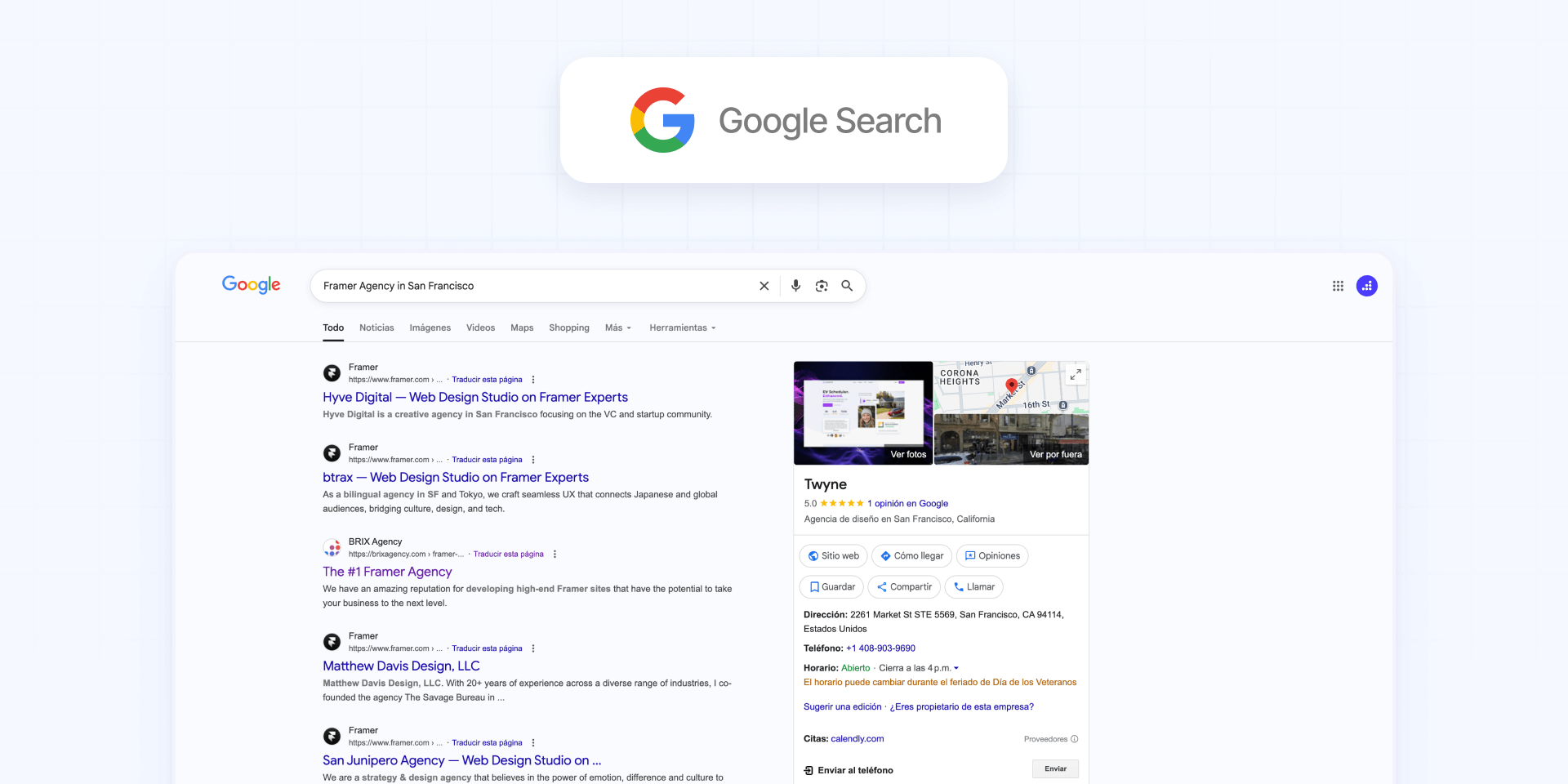 7 - Google Search for finding nearby Framer agencies