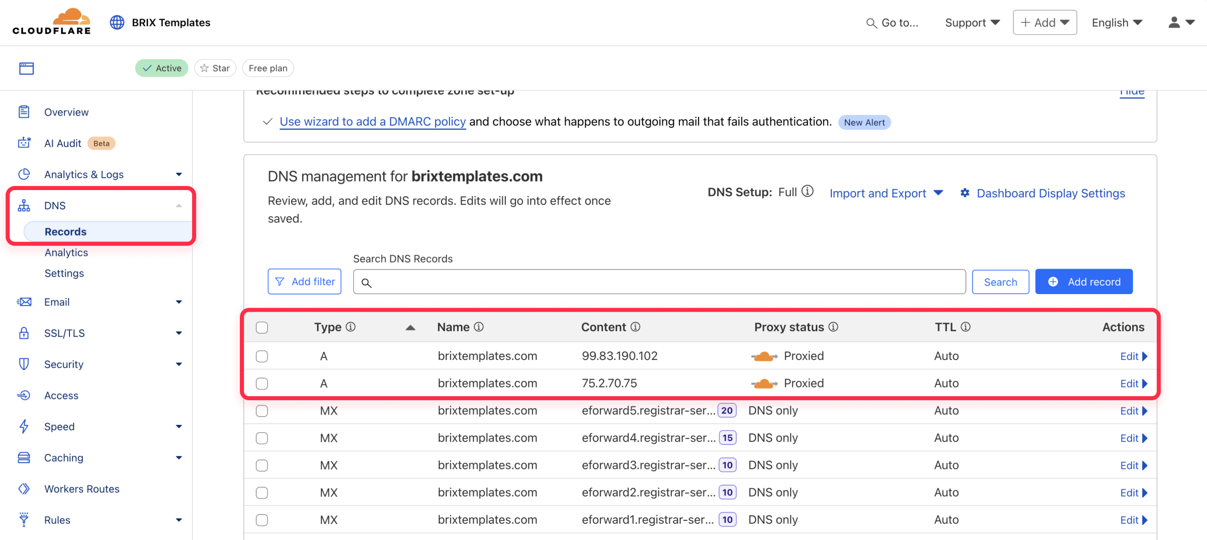 Add A records in Cloudflare to Webflow DNS