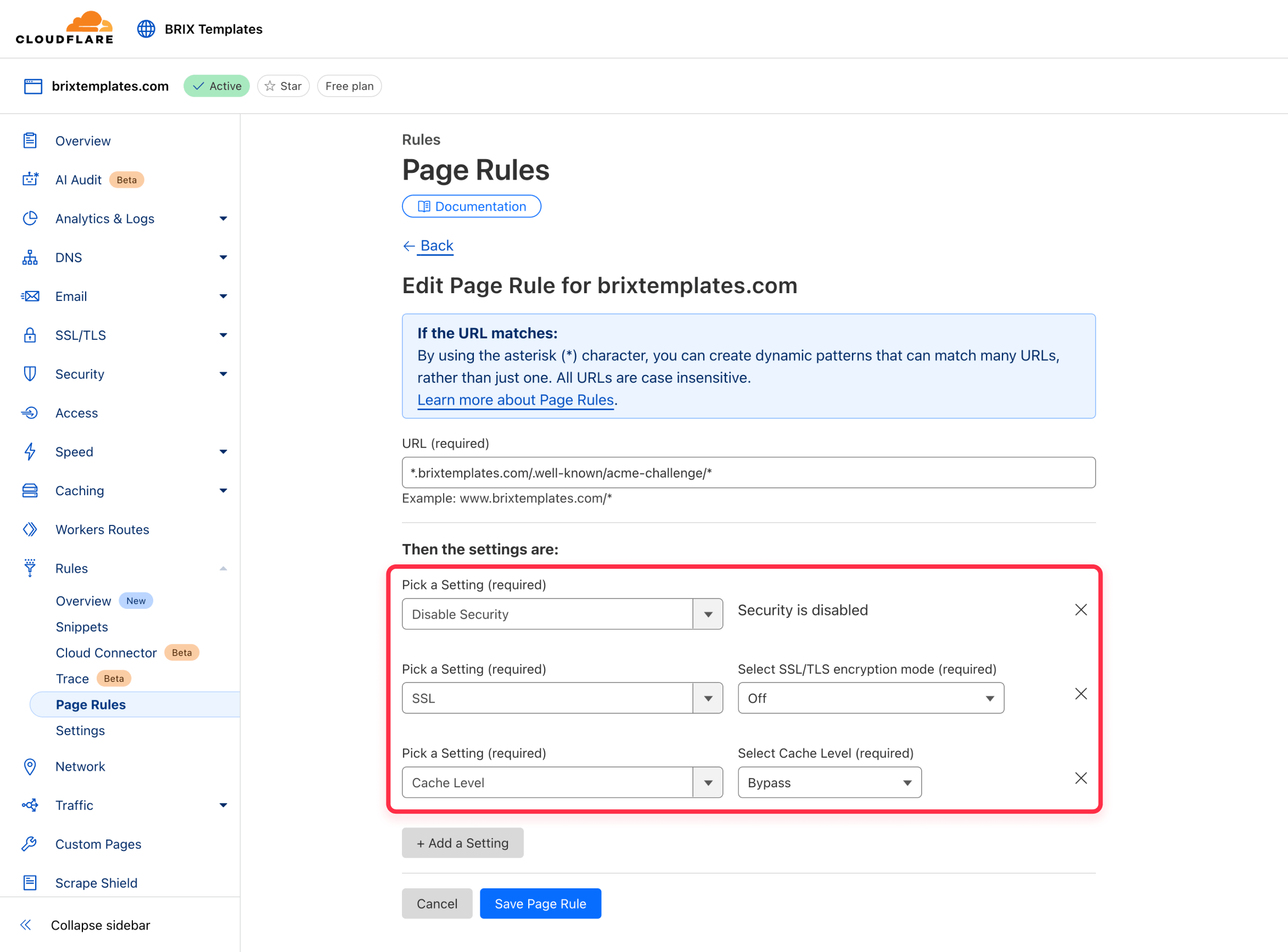 Add page rules in Cloudflare to bypass SSL handshake failure in Webflow