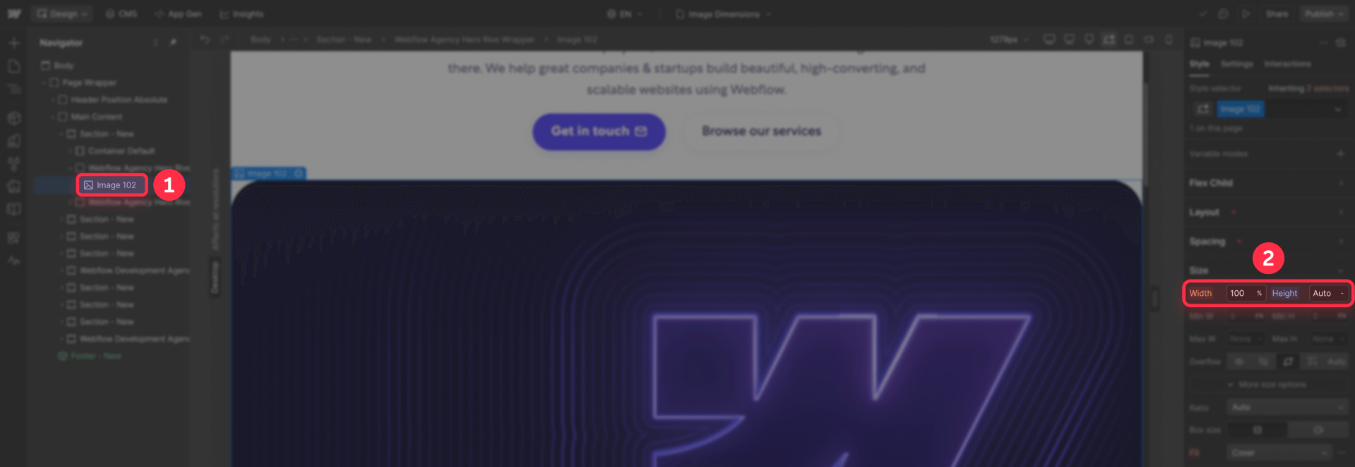 How To Configure Width 100 And Height Auto In The Style Panel For Responsive Images In Webflow