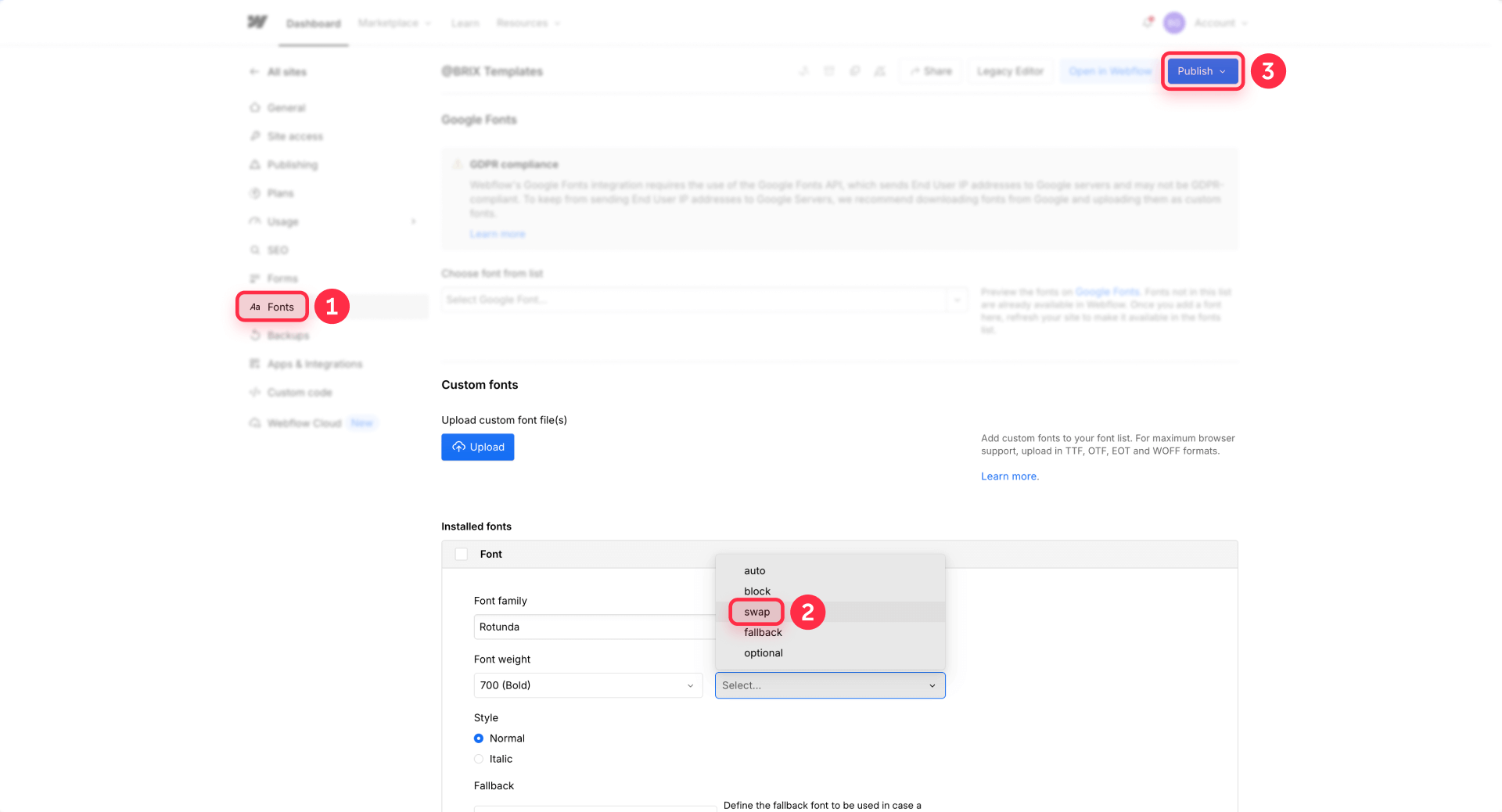 How To Configure The Font Display Swap In Custom Fonts Of Webflow Project Settings