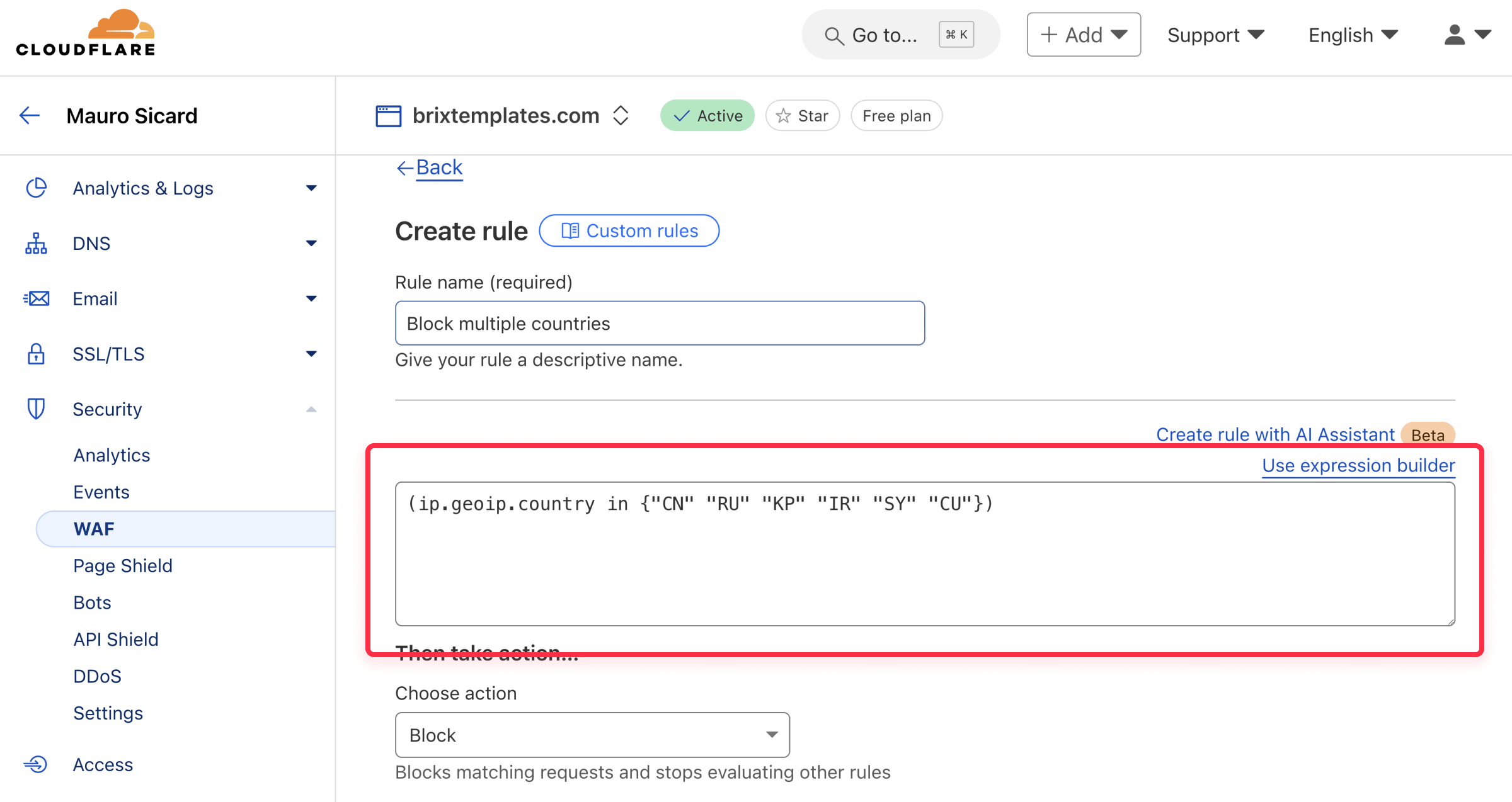 Cloudflare expression block country