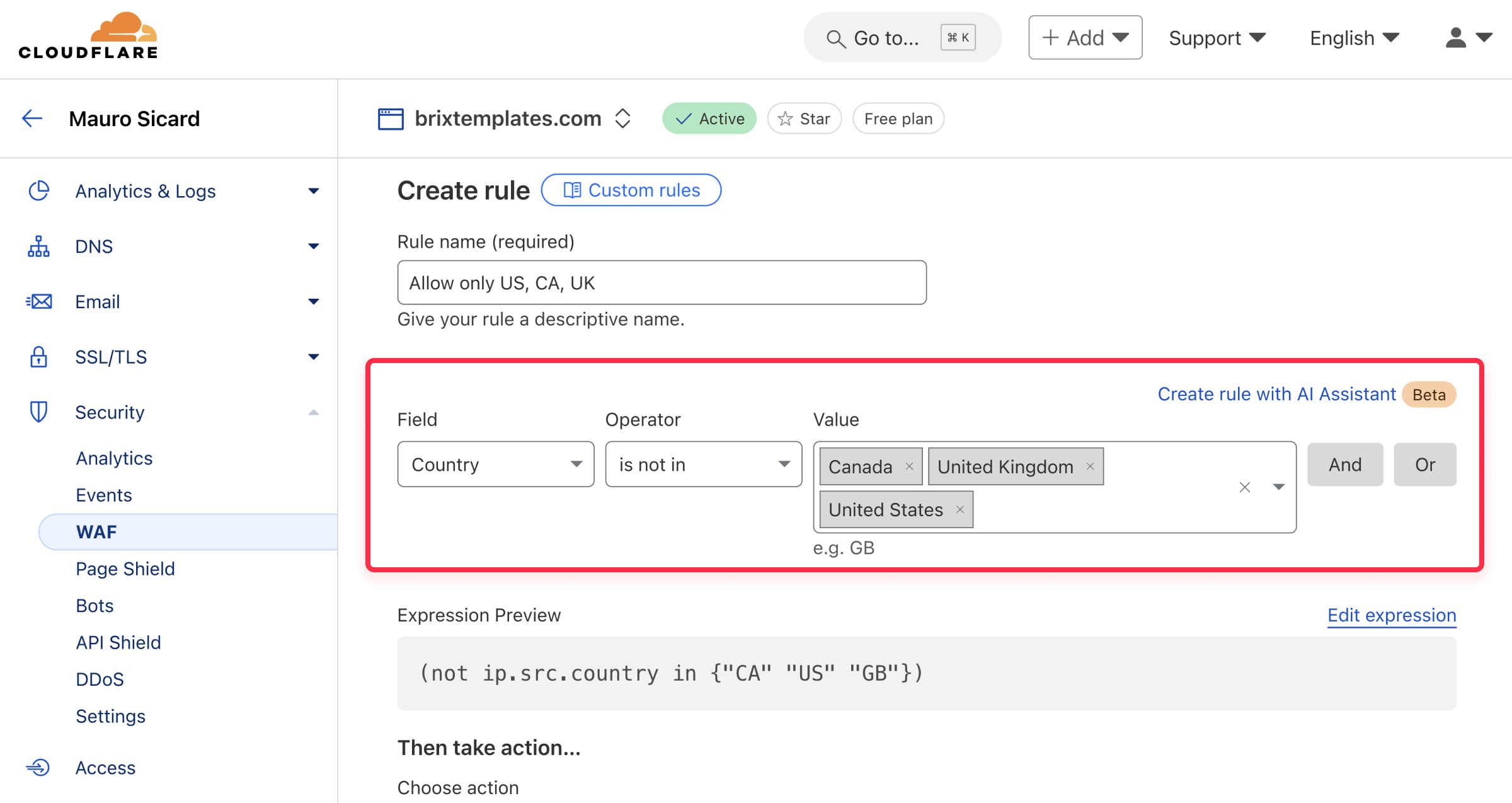 Cloudflare WAF allow country rule