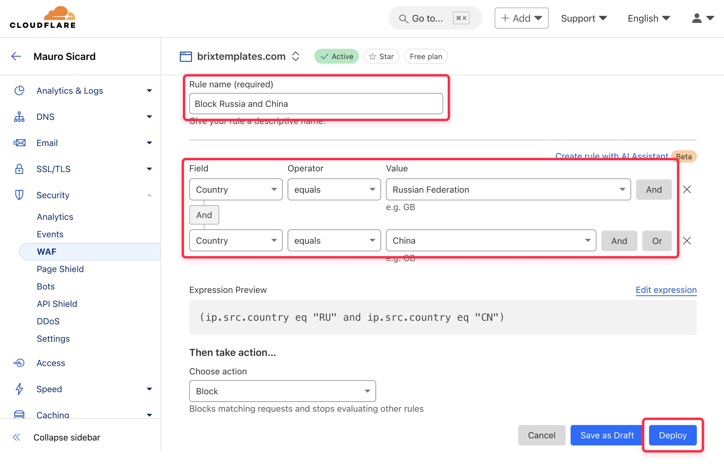 Cloudflare WAF block country rule