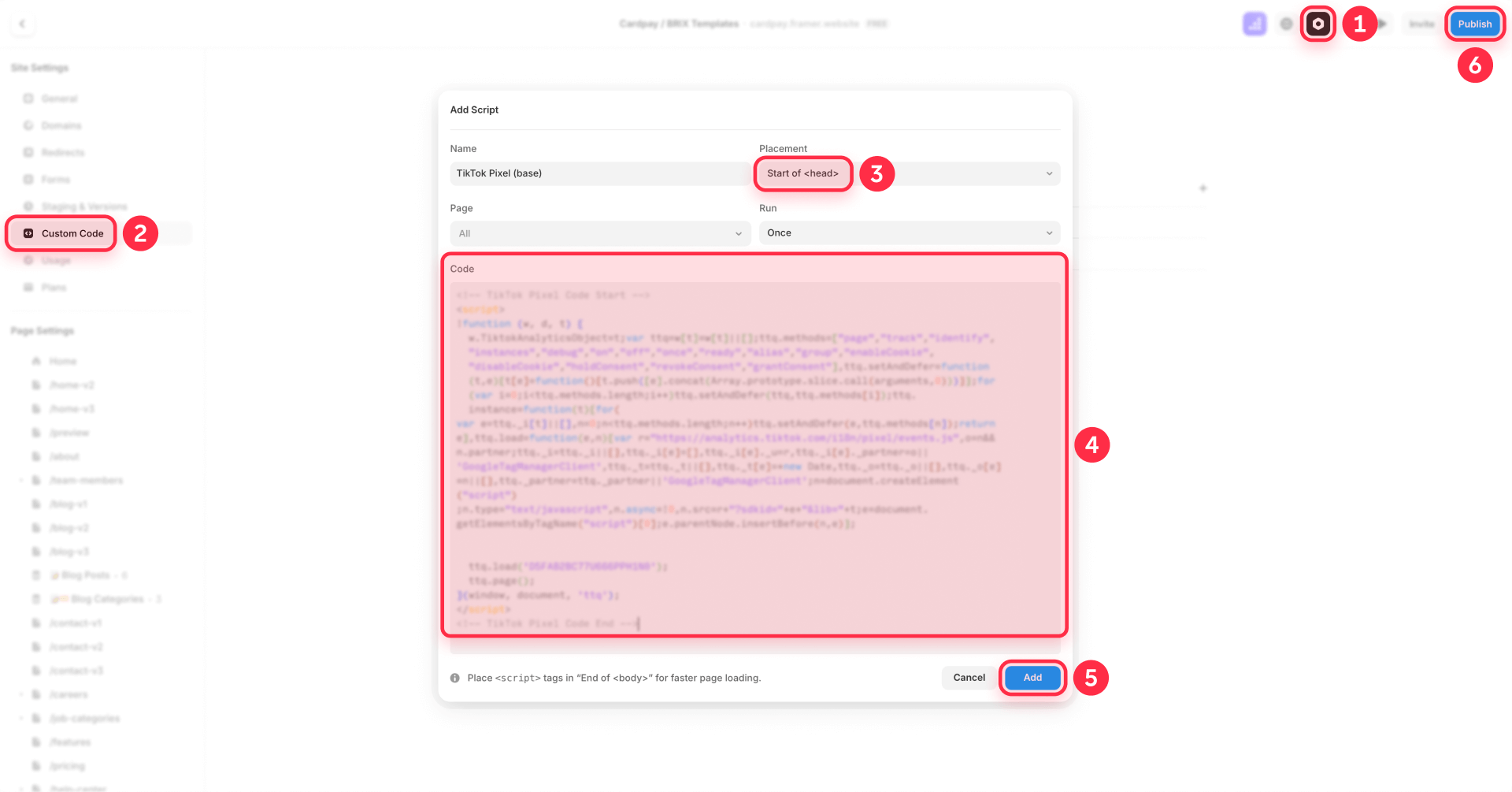 How To Paste The TikTok Pixel Code In Custom Code Of Framer