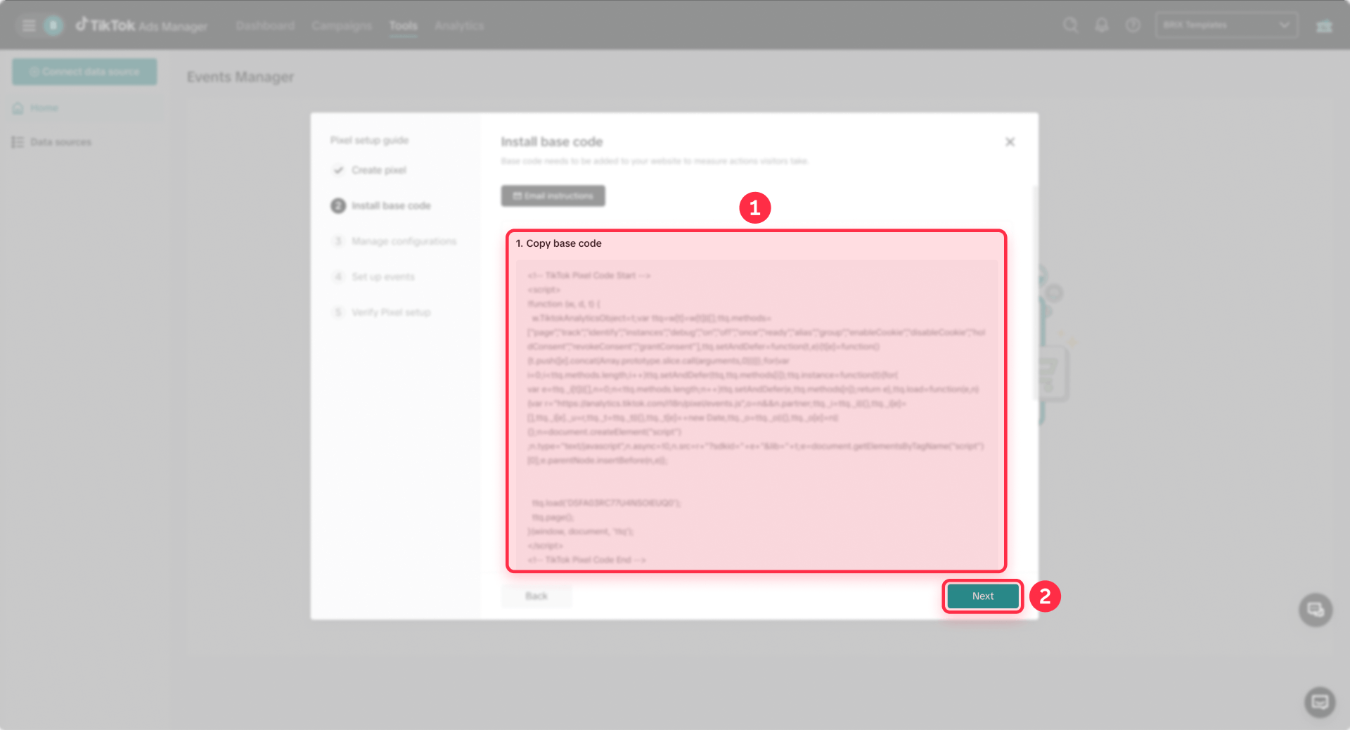How To Copy The TikTok Pixel Base Code From Events Manager