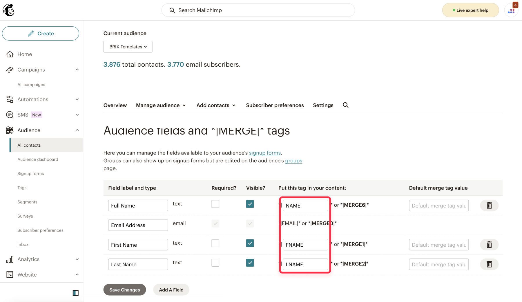 Get Mailchimp custom form fields for Weblow form