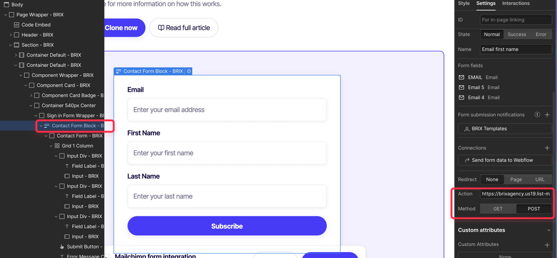 How to add action URL from Mailchimp to Webflow