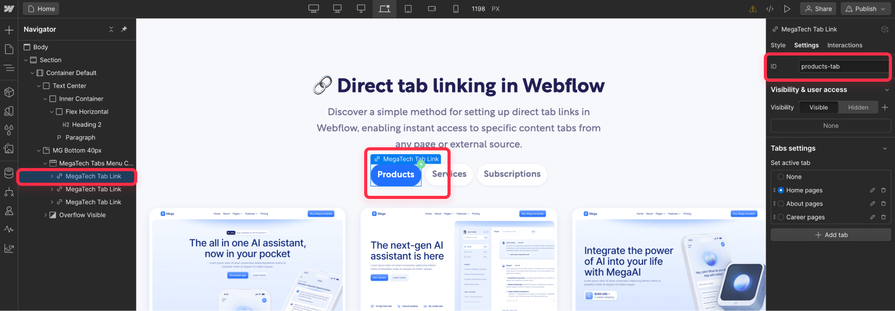 Add ID to Tab for Direct Tab Linking in Webflow
