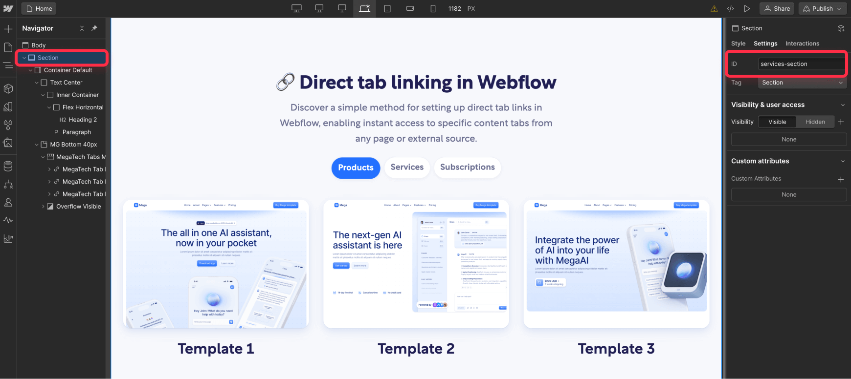 Add It to Section for Tab Linking in Webflow
