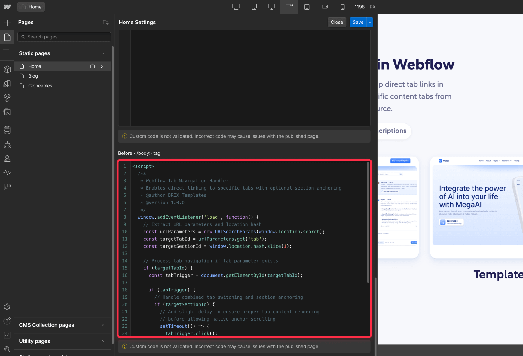 Custom JS Code for Tab Linking in Webflow