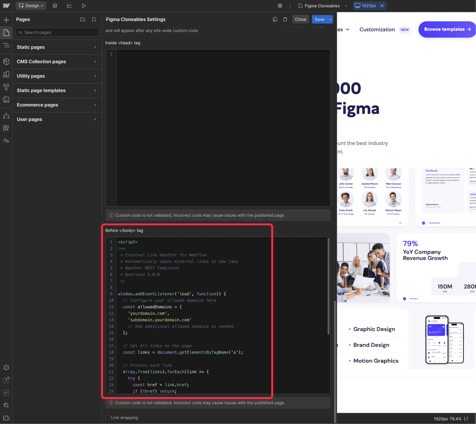 Add Webflow website javascript code for external tab link behaviour