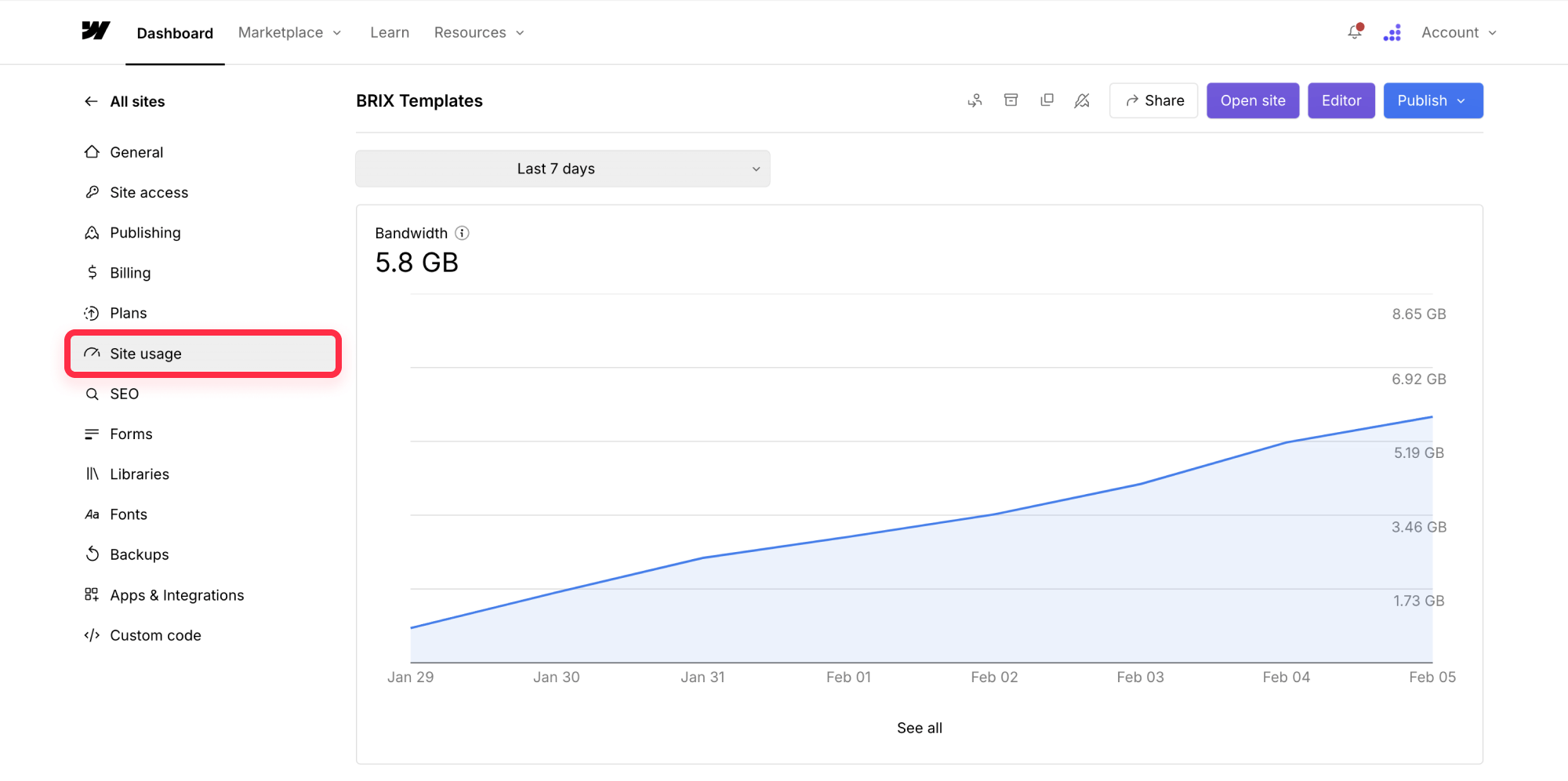 Analyze your current Webflow bandwidth usage