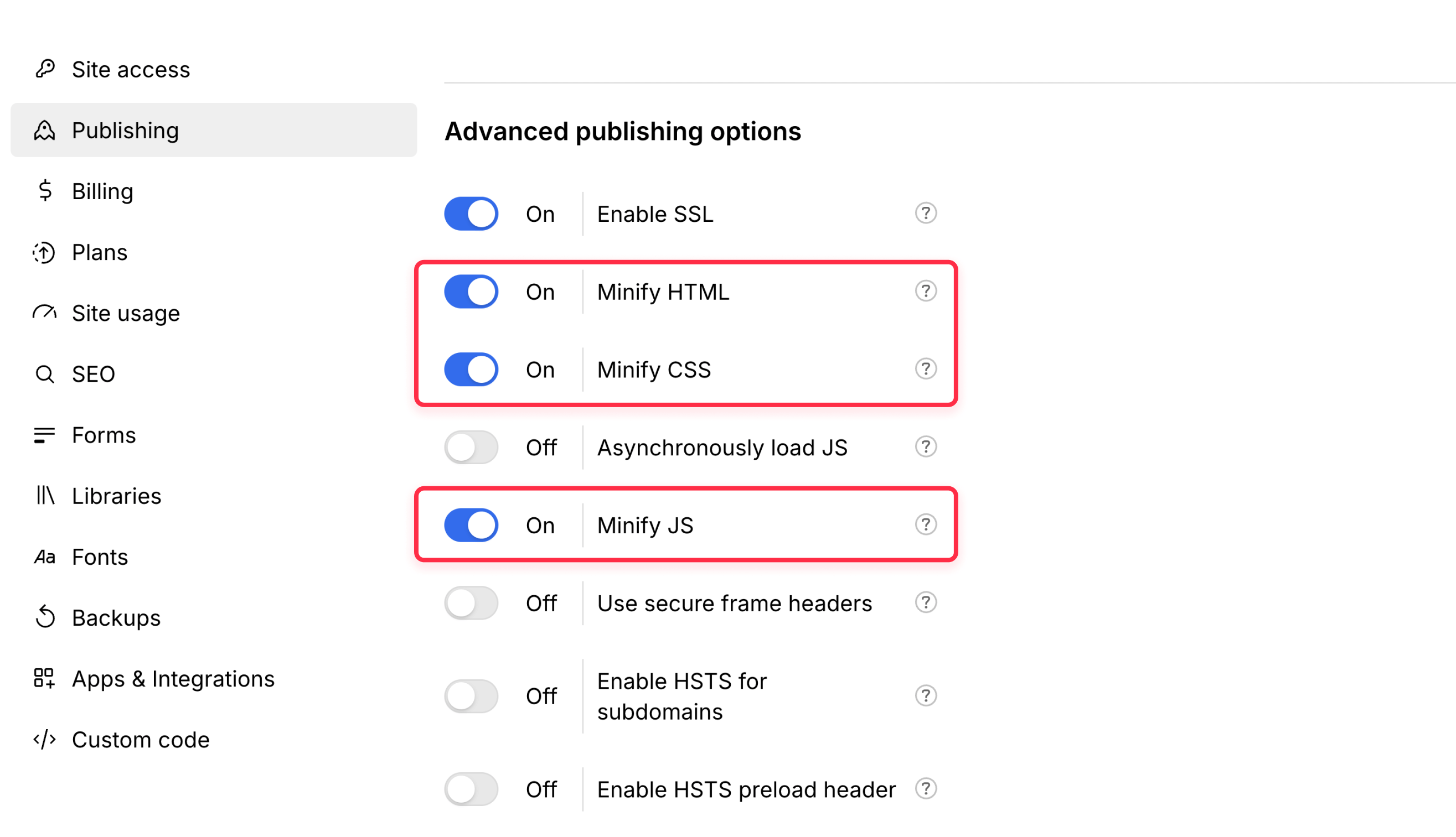 Webflow code minification bandwidth optimization options