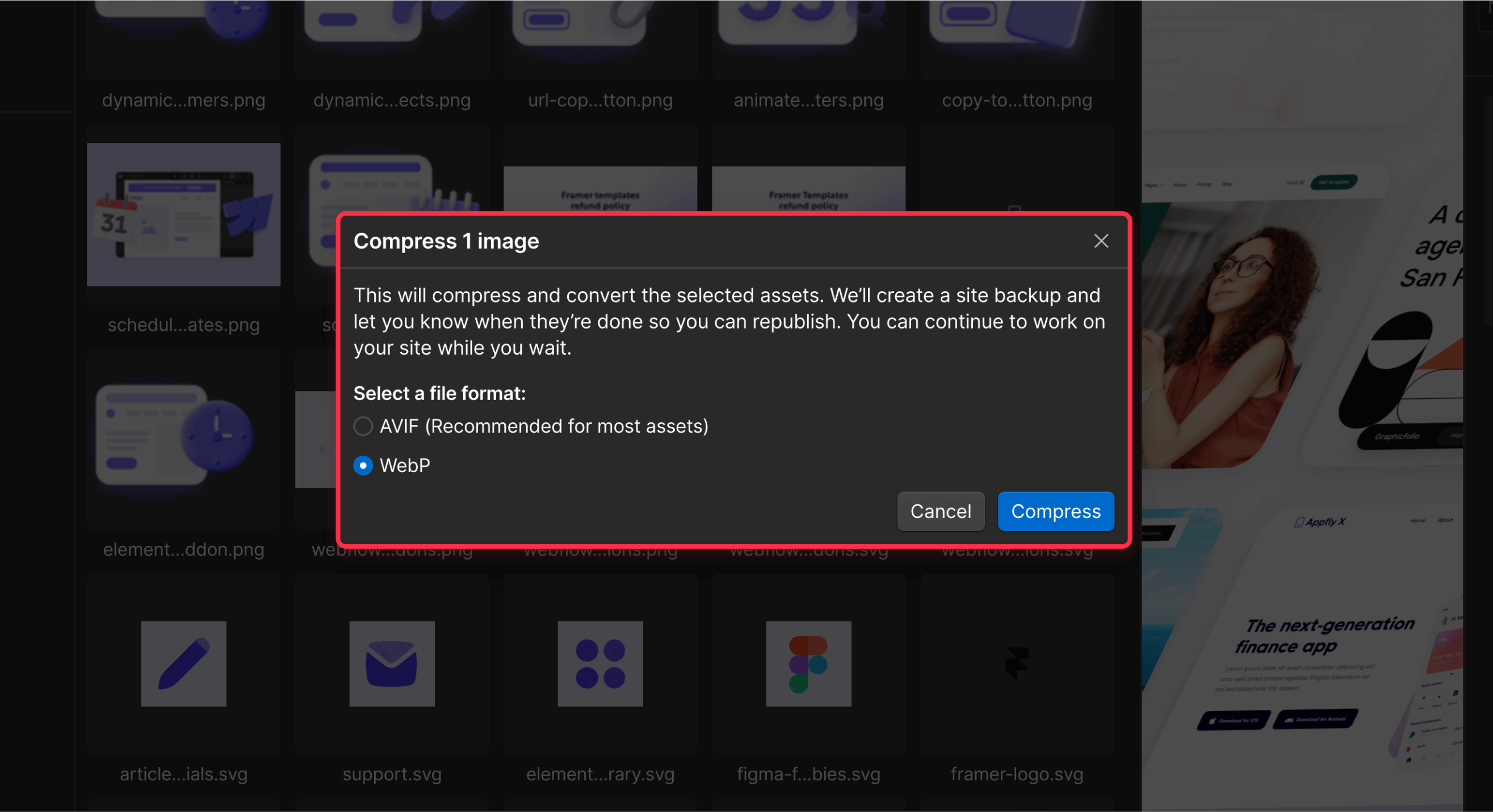 Webflow image compression WebP bandwidth optimization