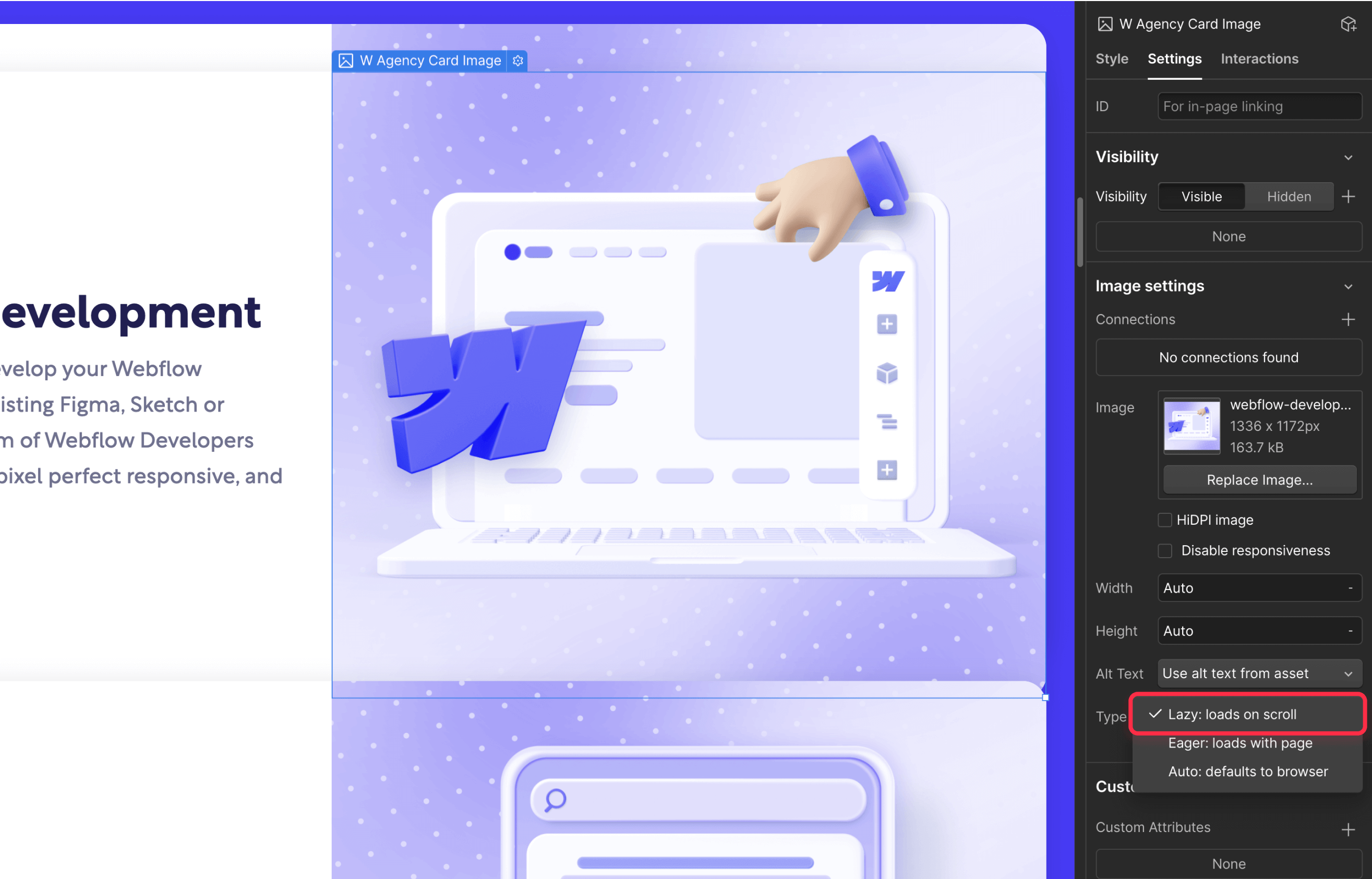 Webflow lazy loading bandwidth optimization setting