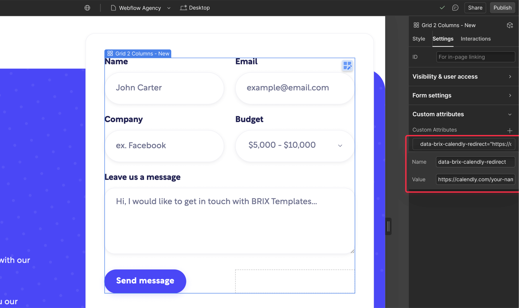 Assign attribute to Webflow form to enable Webflow to Calendly automatic data prefill