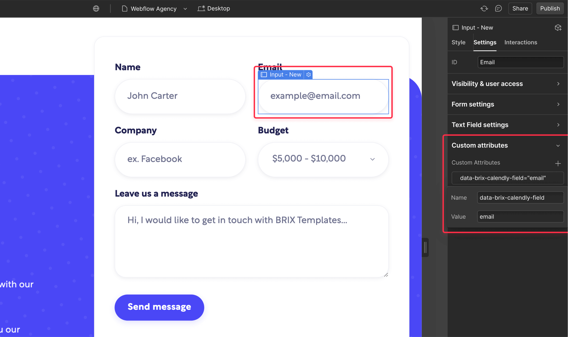 Map Webflow form field to prefill Calendly data
