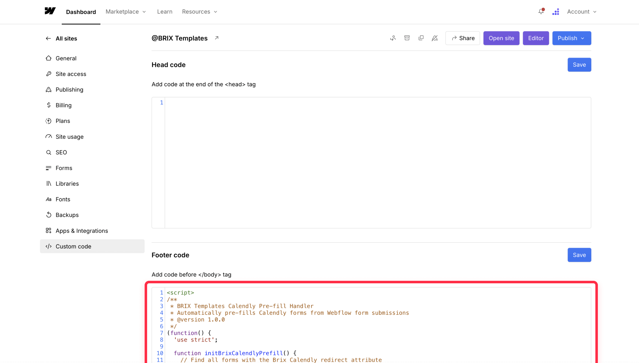 Setup site wide Webflow form to Calendly data prefill script