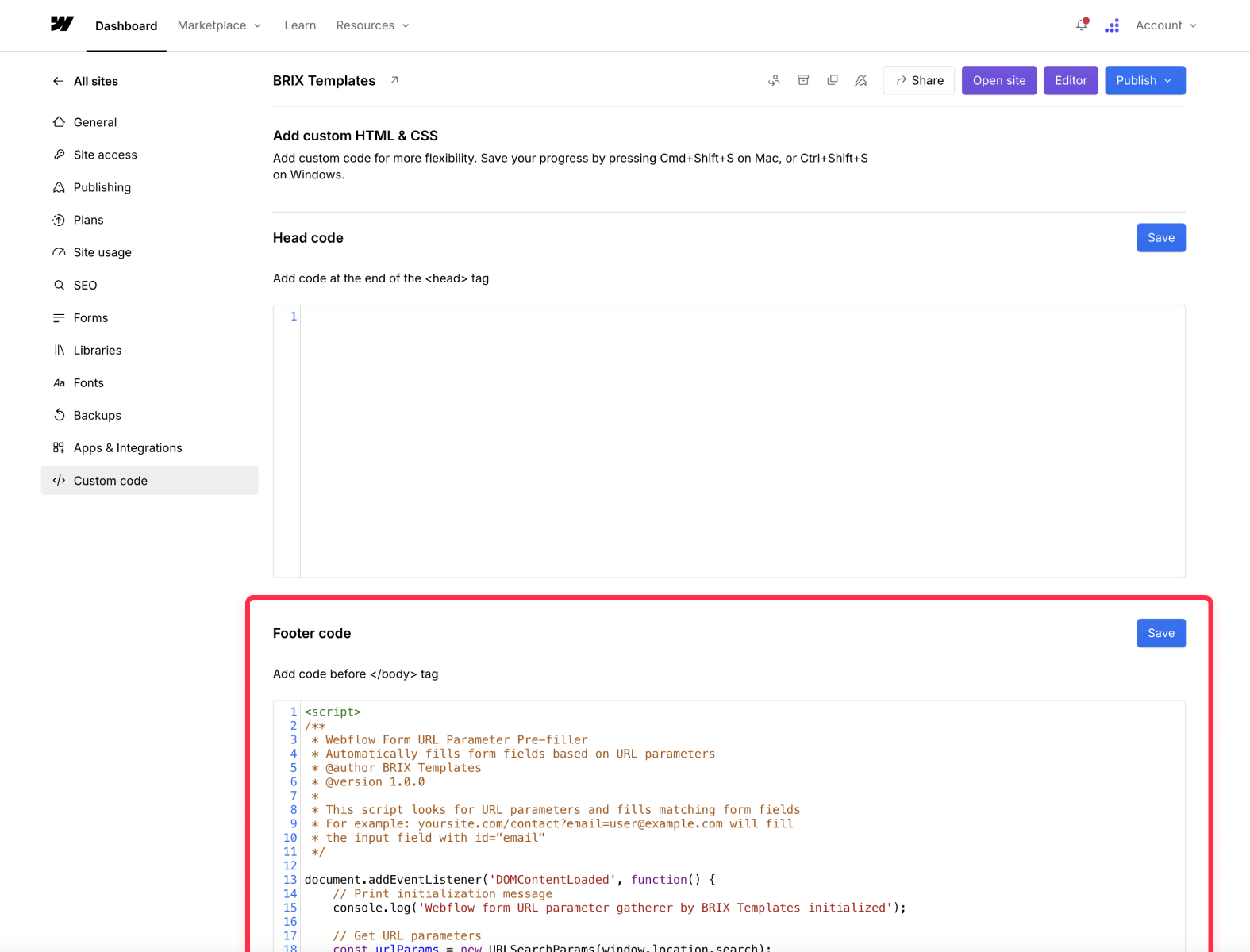 Setup global UTM parameter to Webflow form prefill script