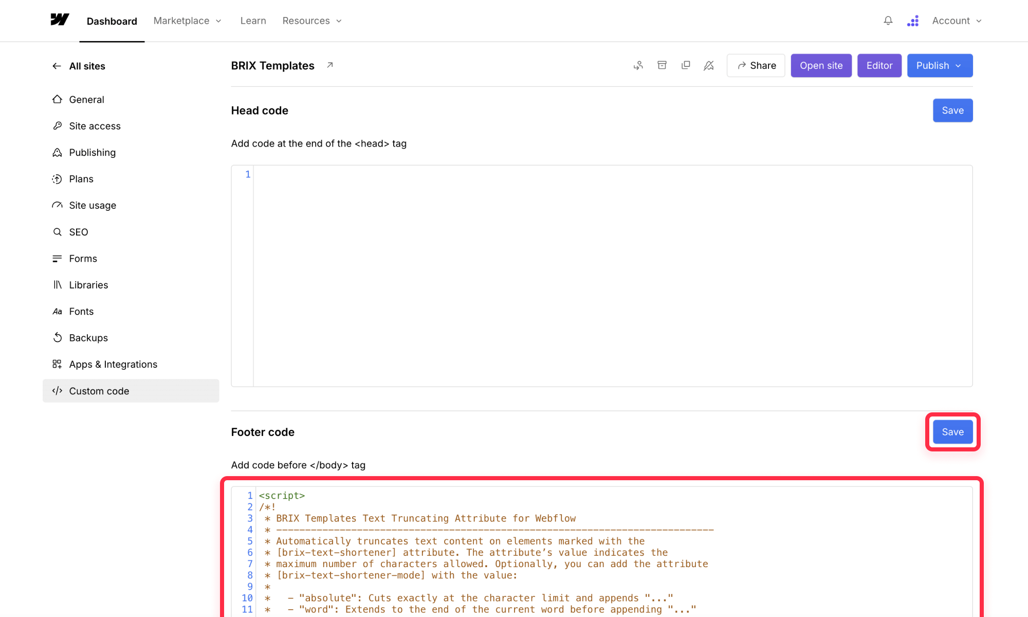 Add simple script for site wide text truncation on Webflow