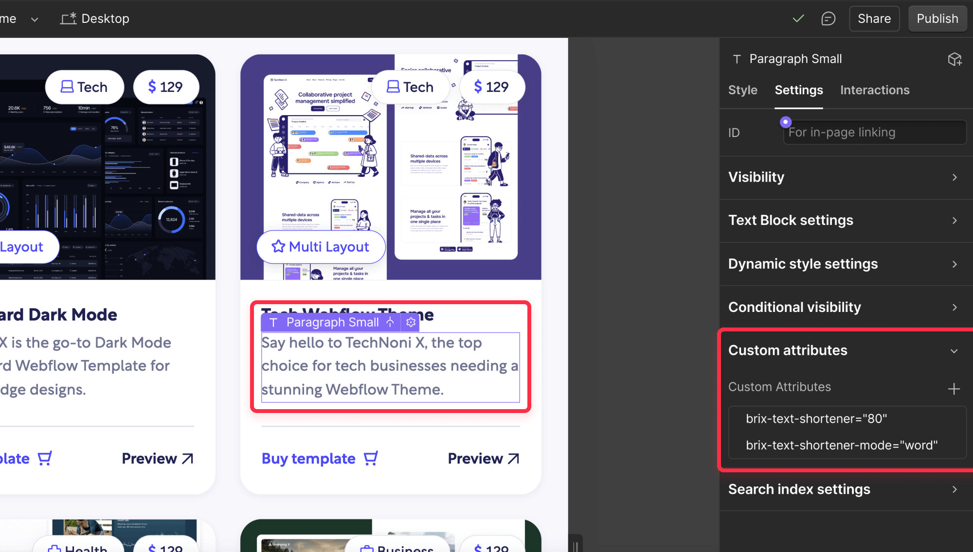 Add Webflow text truncate attribute